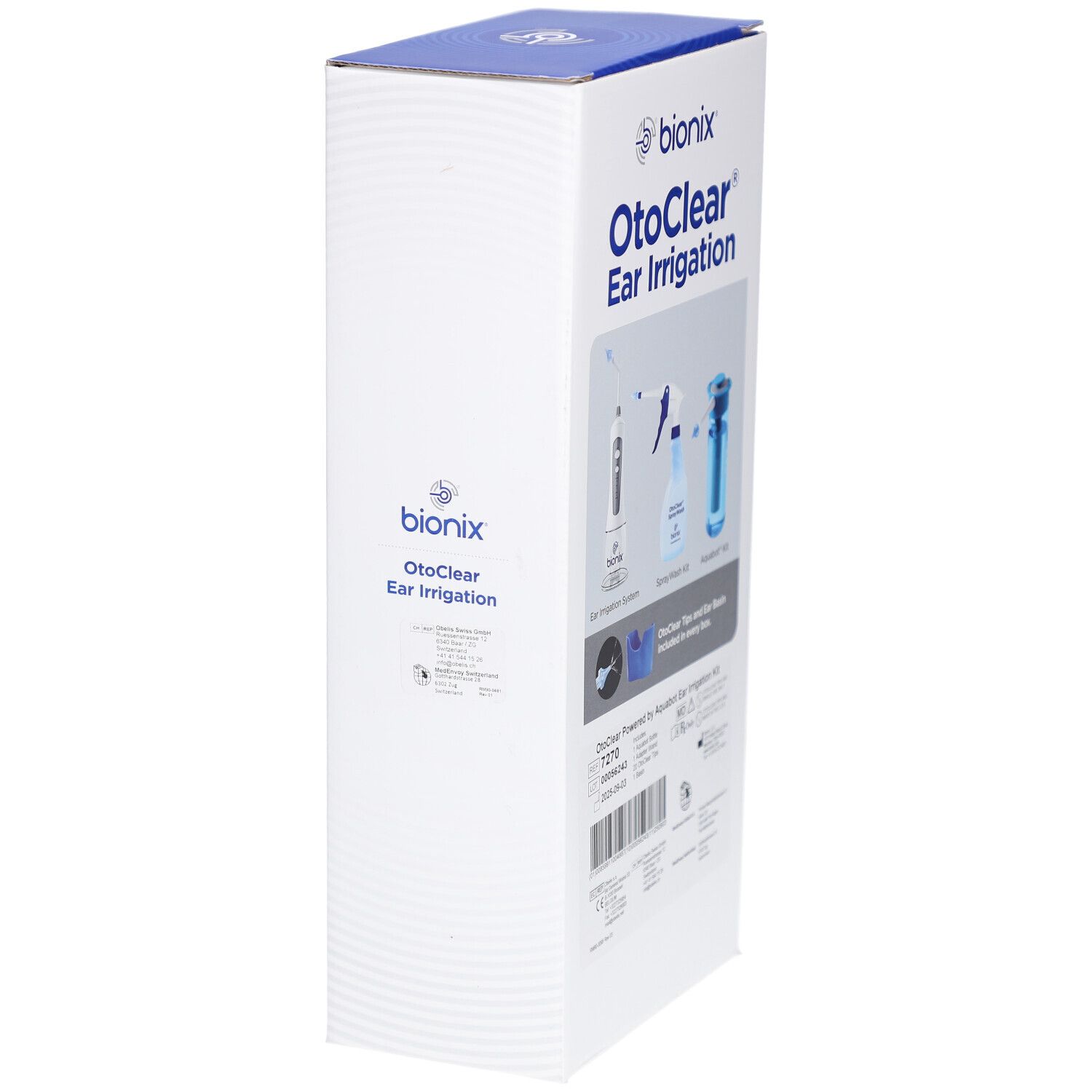 Seitenansicht der Bionix OtoClear Ear Irrigation Kit Verpackung. Logo und Produktname sind sichtbar.