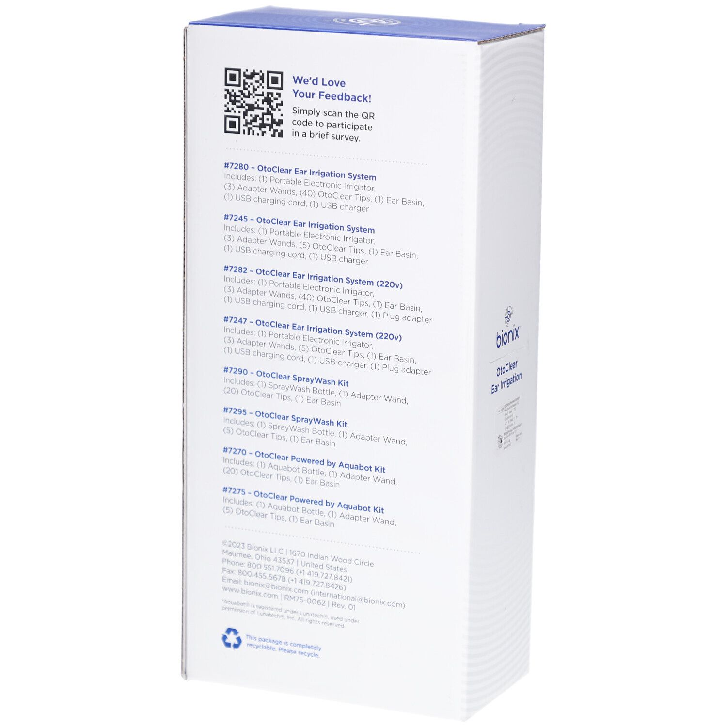 Rückseite der Bionix OtoClear Ear Irrigation Kit Verpackung. Enthält Produktinformationen und QR-Code.
