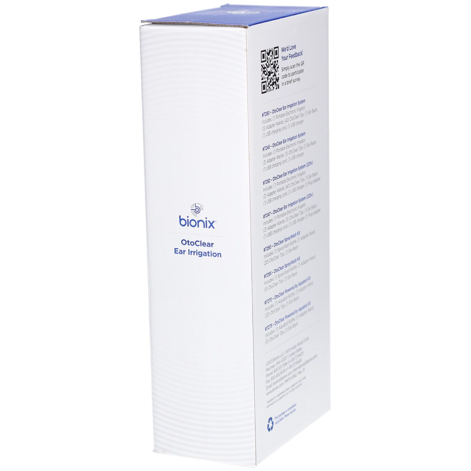 Seitenansicht der Bionix OtoClear Ear Irrigation Kit Verpackung. Logo und Produktname sind sichtbar.