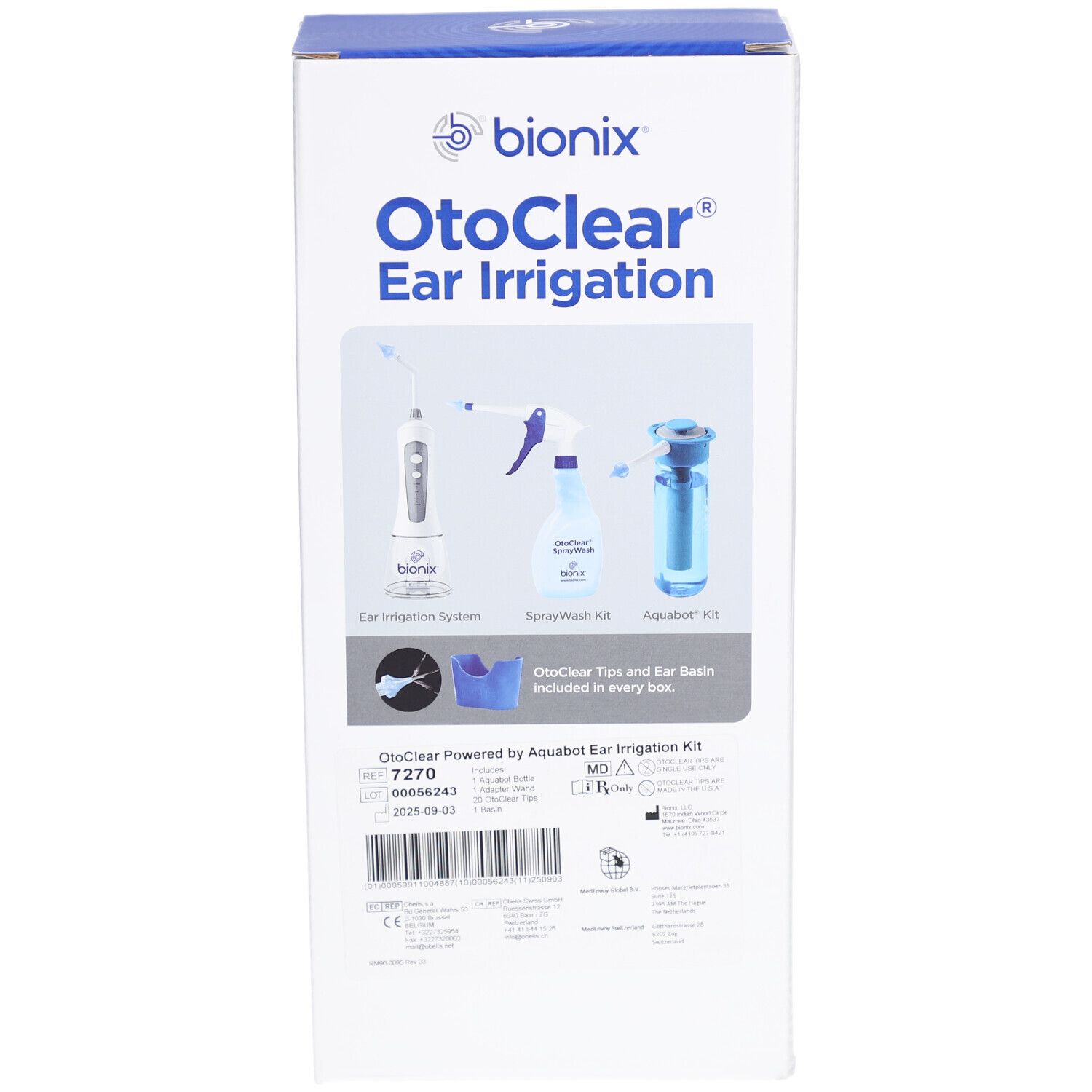 Vorderseite der Bionix OtoClear Ear Irrigation Kit Verpackung. Abbildungen des Systems, SprayWash und Aquabot.