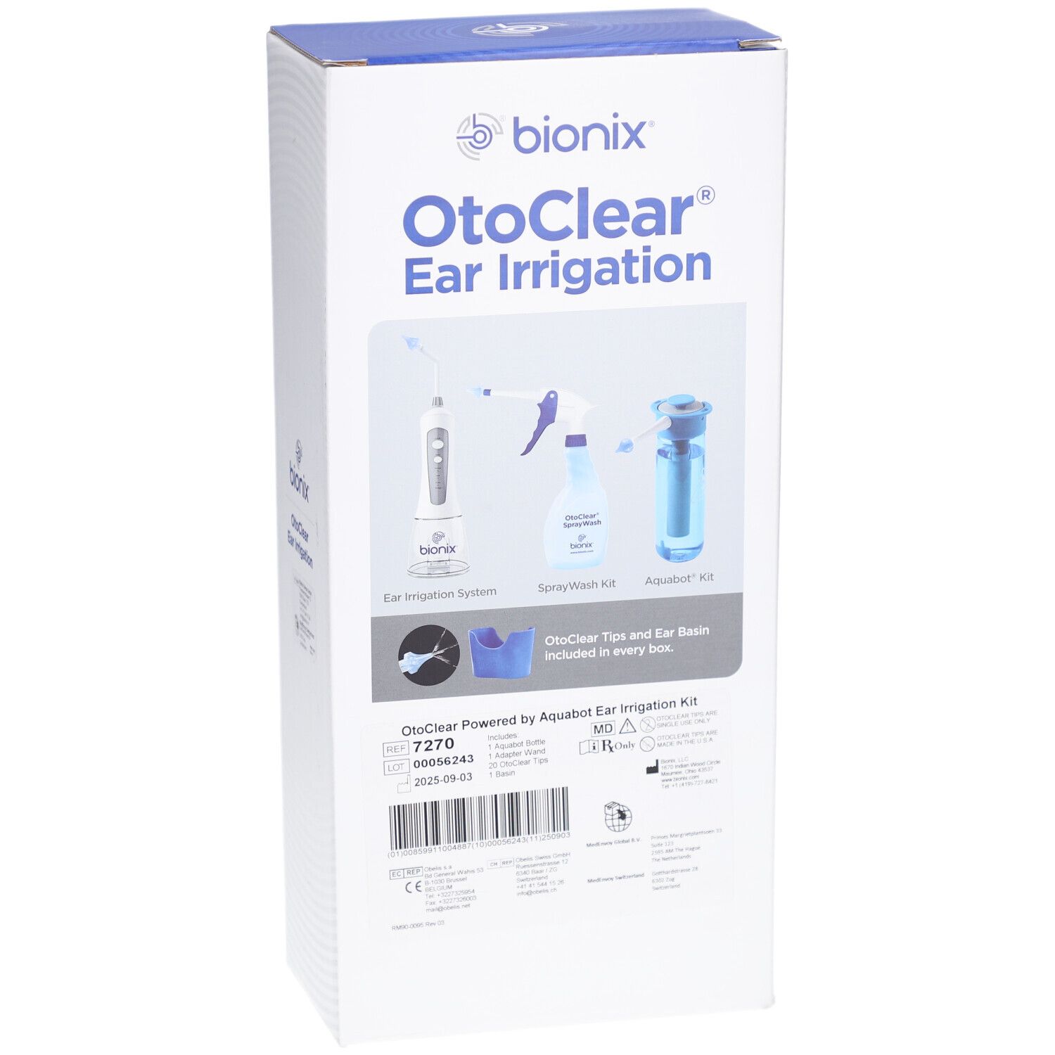 Vorderseite der Bionix OtoClear Ear Irrigation Kit Verpackung. Abbildungen des Systems, SprayWash und Aquabot.