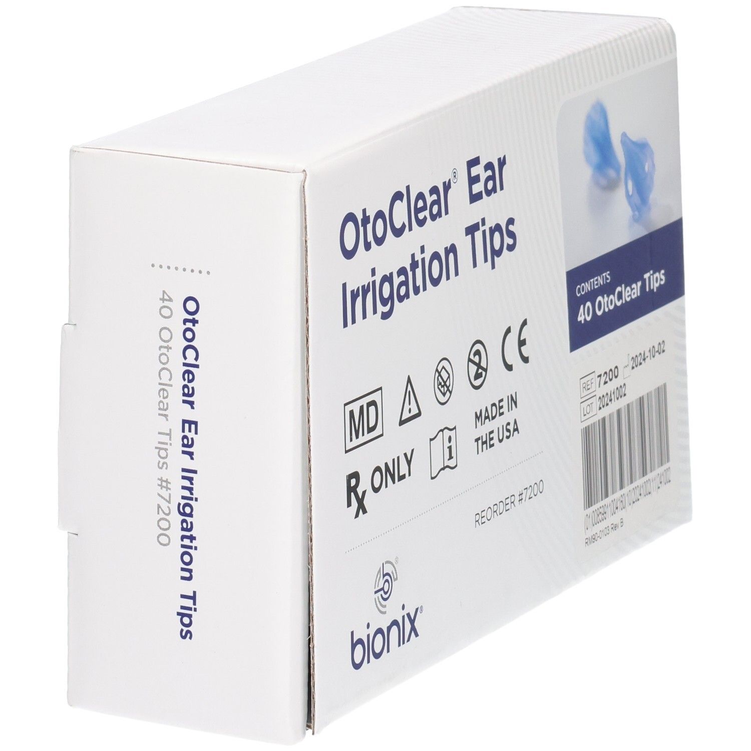 BIONIX OtoClear Ear Irrigation Tips, 40 Stück, Seitenansicht der Verpackung.