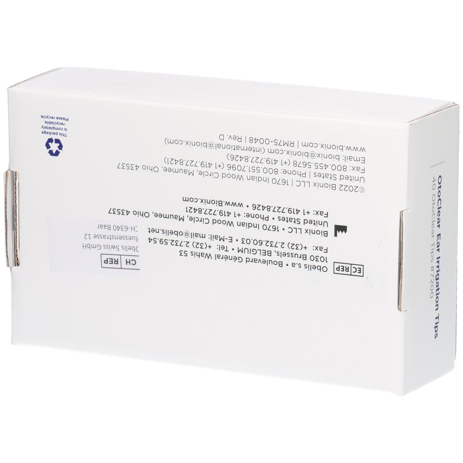 Rückseite der BIONIX OtoClear Ear Irrigation Tips Verpackung mit Herstellerinformationen.