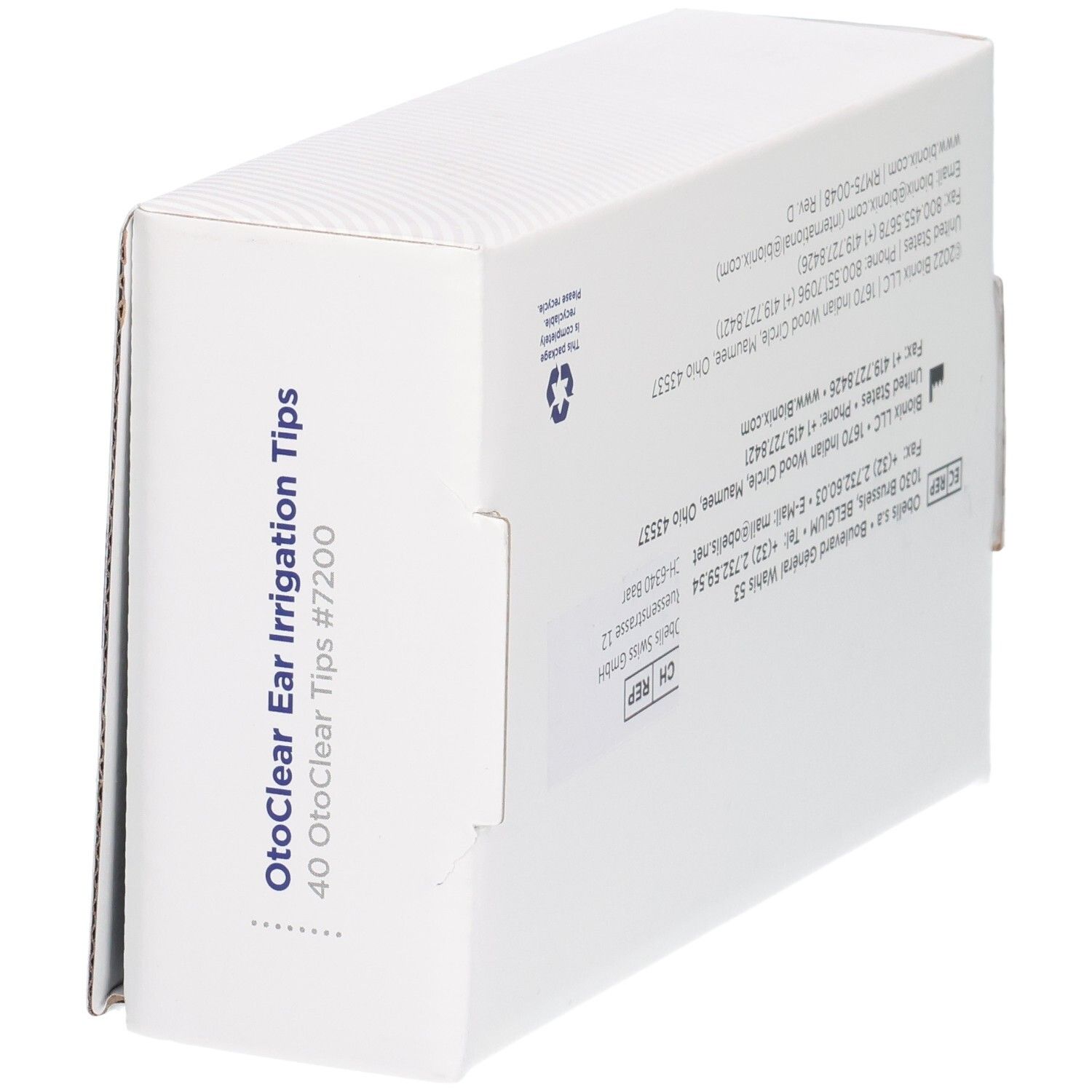 Seitenansicht der BIONIX OtoClear Ear Irrigation Tips Verpackung mit Produktbezeichnung.