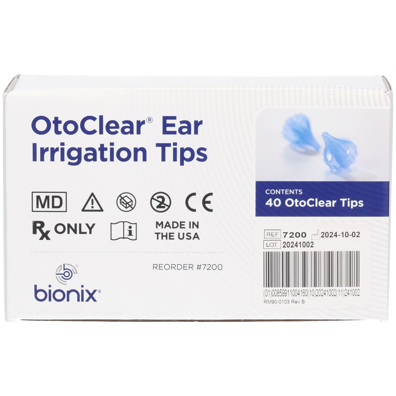 Vorderseite der BIONIX OtoClear Ear Irrigation Tips Verpackung, 40 Stück, mit Produktabbildung.