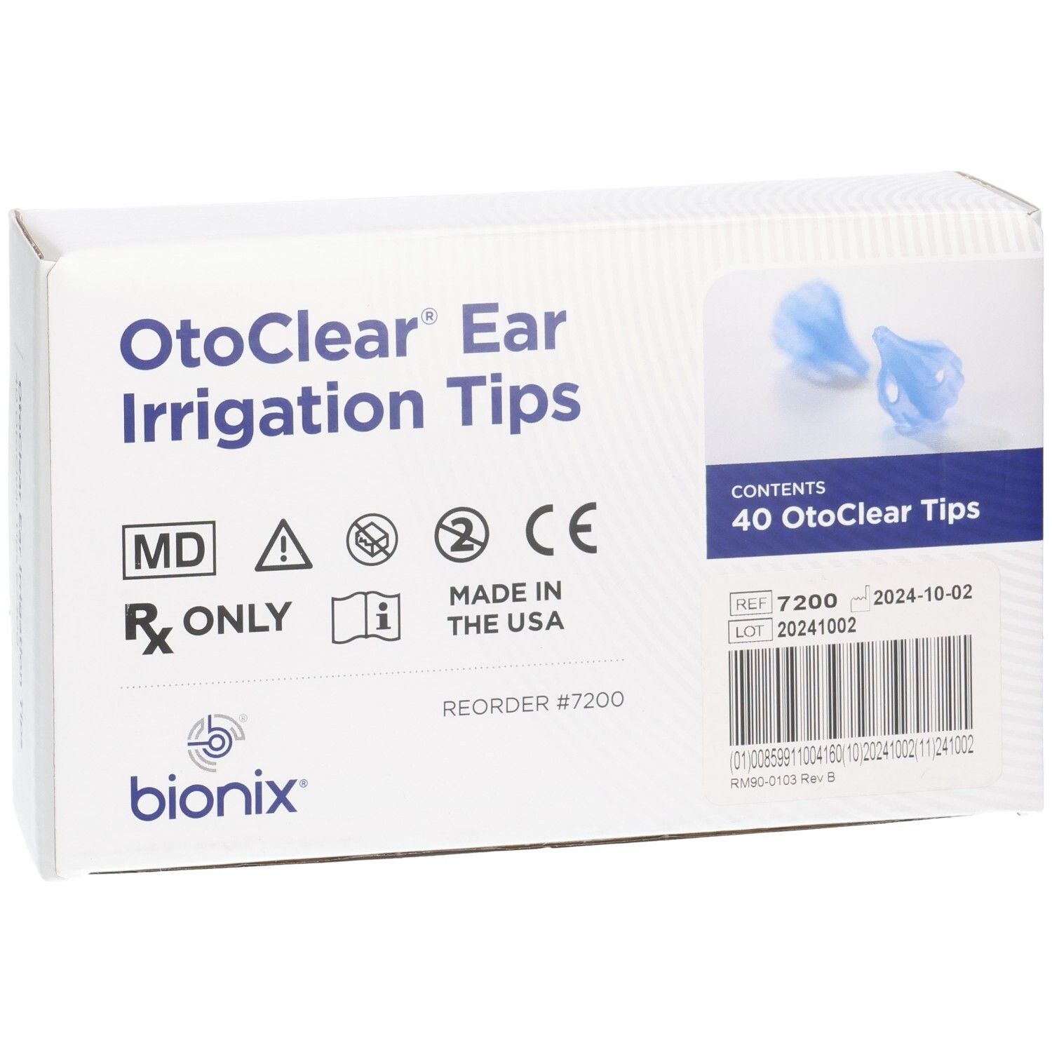 BIONIX OtoClear Ear Irrigation Tips Verpackung, 40 Stück, mit CE- und MD-Symbolen, Vorderansicht.