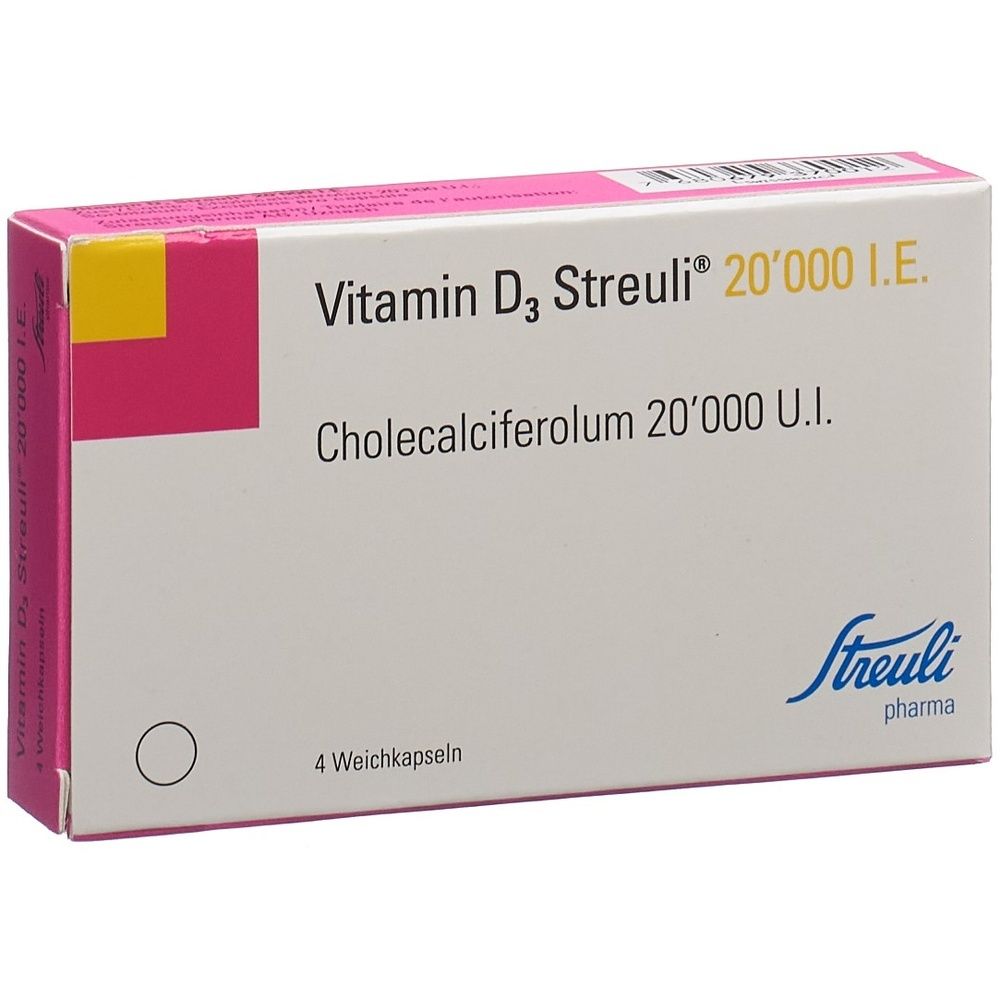 Karton mit Vitamin D3 Streuli Weichkapseln. Rosa-gelbe Verpackung mit Produktinformationen und Logo.