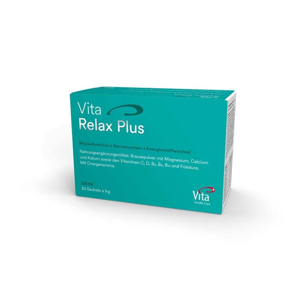 Türkisfarbene Schachtel mit "Vita Relax Plus"-Logo. Enthält 30 Sachets. Text: Muskel, Nerven, Energie. Nahrungsergänzungsmittel.