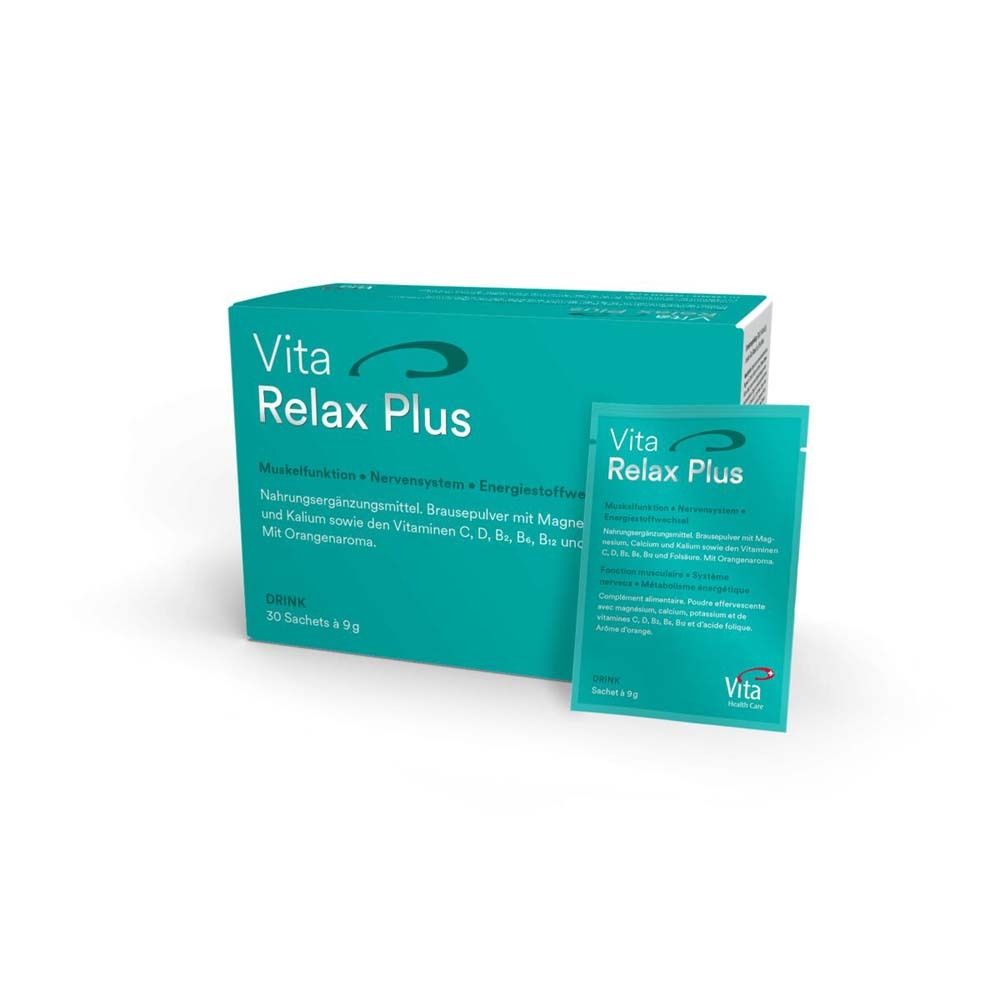 Türkisfarbene Schachtel mit "Vita Relax Plus"-Logo und einem Sachet. 30 Sachets. Text: Muskel, Nerven, Energie. Nahrungsergänzungsmittel.