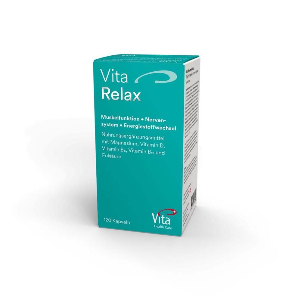 Boîte VITA Relax turquoise et blanche. Nom du produit et informations sur le contenu. 120 gélules.