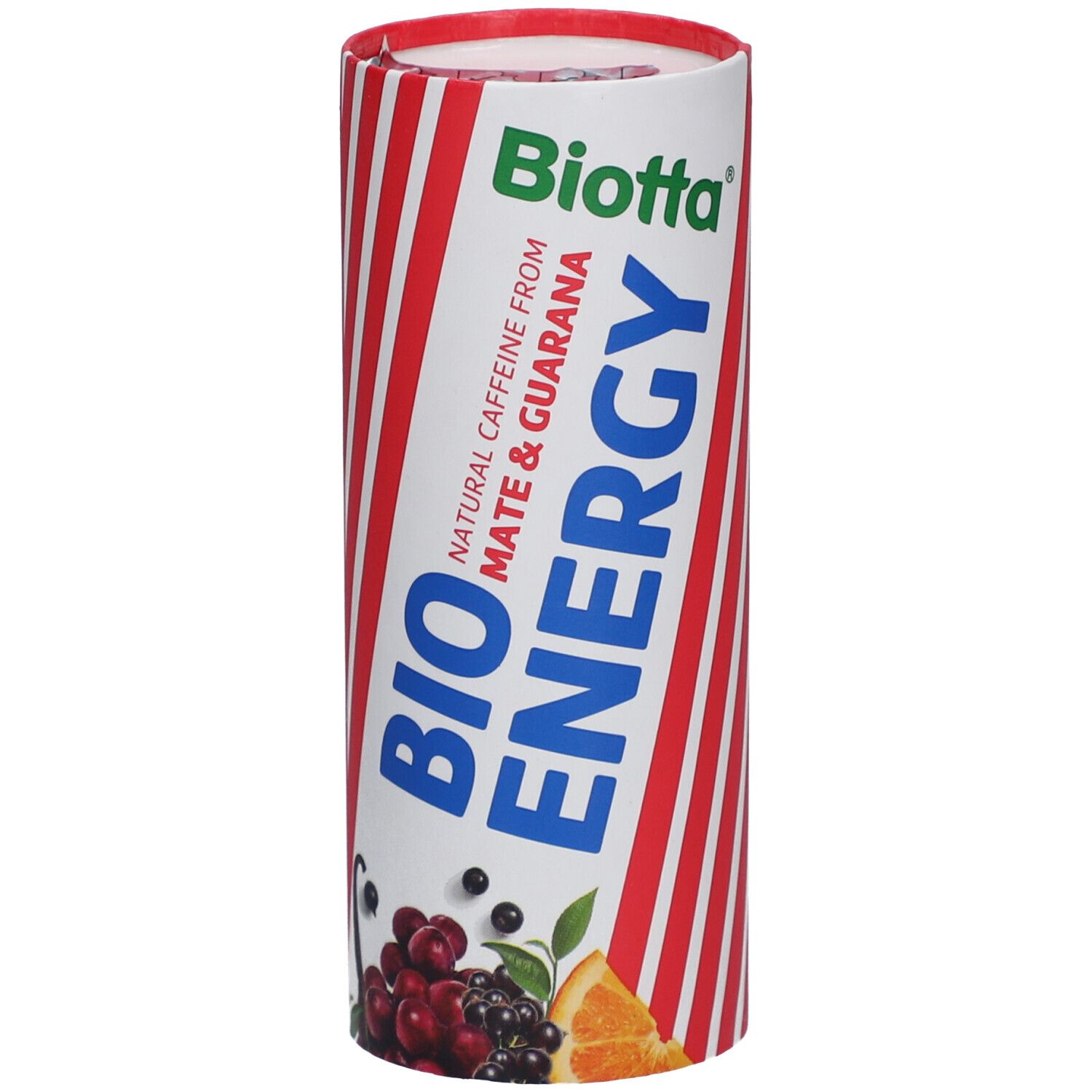 Zylindrische Dose mit rot-weiß gestreiften Design. Aufschrift: BIO ENERGY, Biotta, Mate & Guarana. Abbildung von Früchten.
