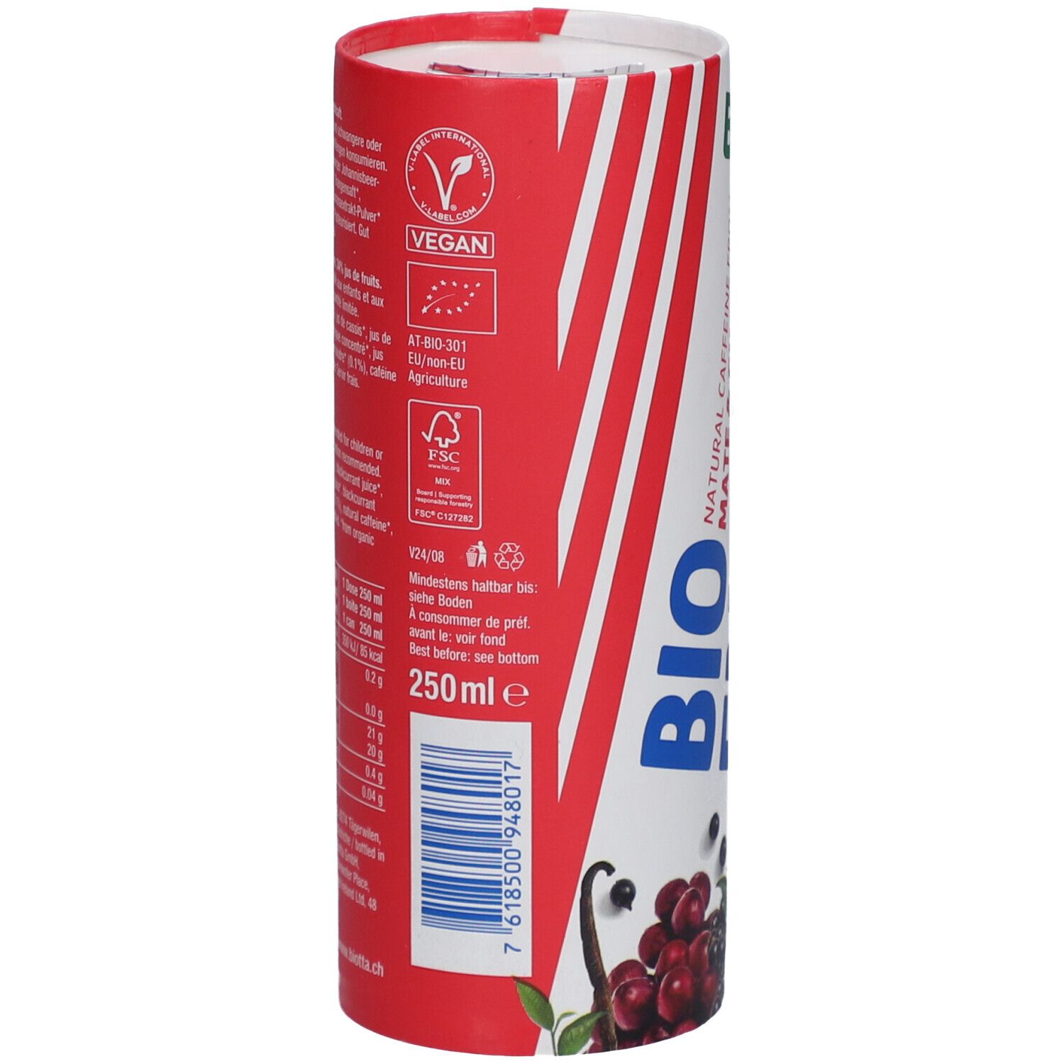 Zylindrische Dose mit rot-weiß gestreiften Design. Aufschrift: BIO ENERGY, Biotta. Vegan-Siegel, Bio-Siegel. 250 ml.