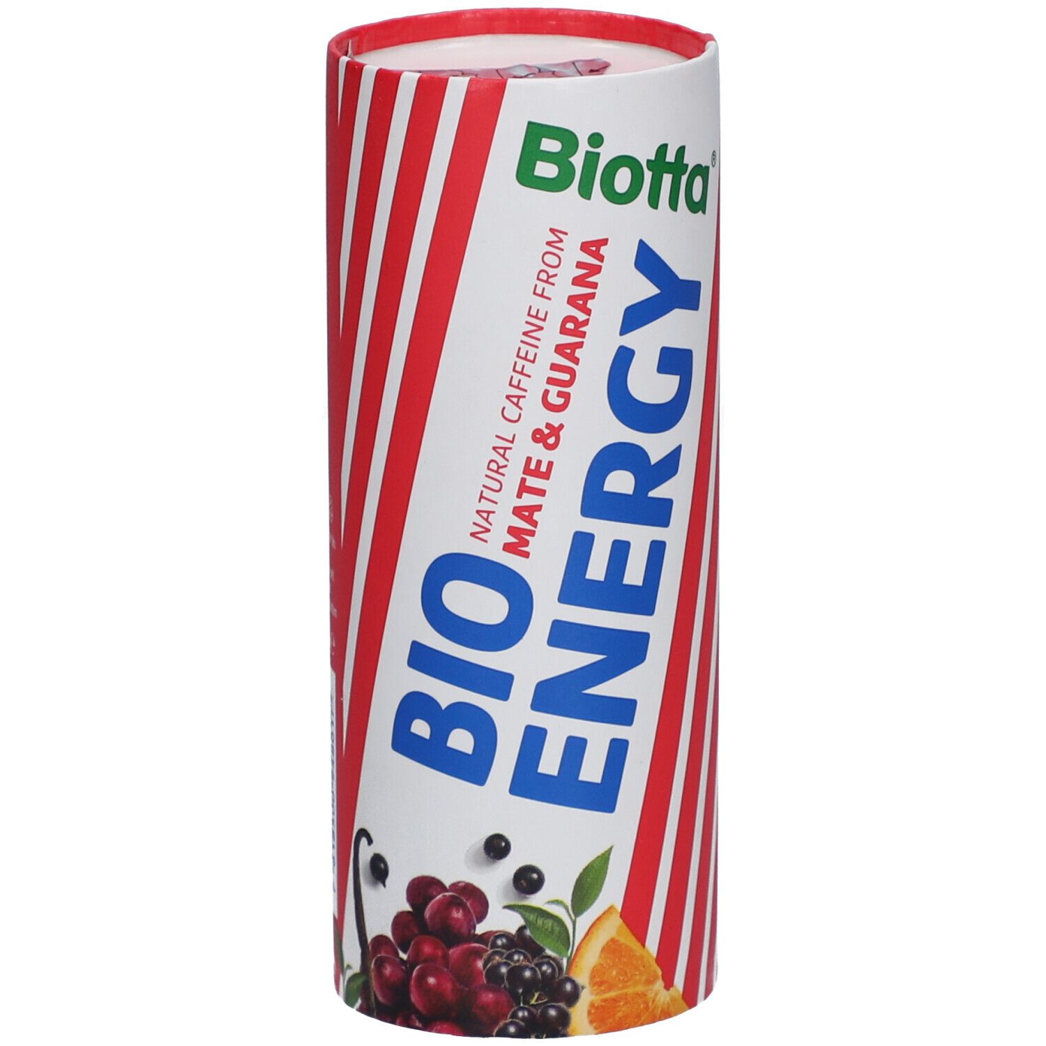 Zylindrische Dose mit rot-weiß gestreiften Design. Aufschrift: BIO ENERGY, Biotta, Mate & Guarana. Abbildung von Früchten.