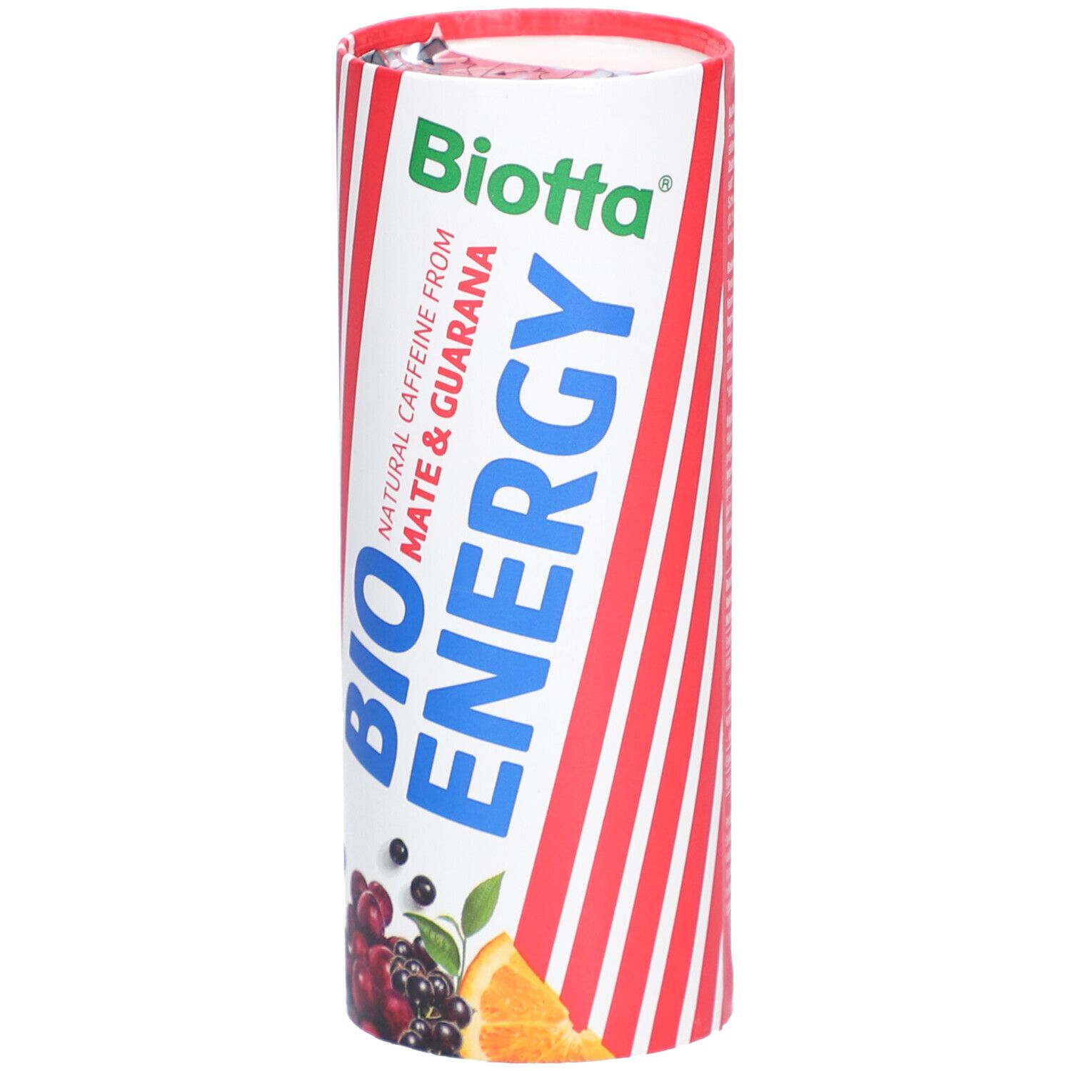 Zylindrische Dose mit rot-weiß gestreiften Design. Aufschrift: BIO ENERGY, Biotta, Mate & Guarana. Abbildung von Früchten.