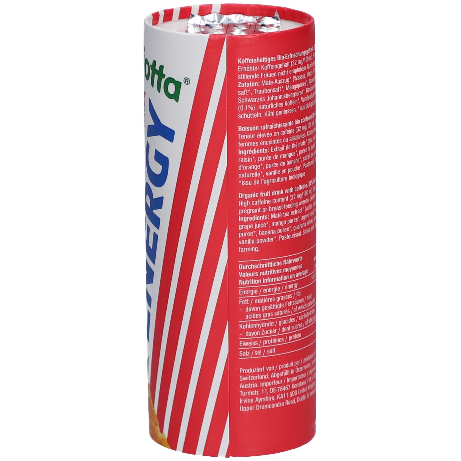Zylindrische Dose mit rot-weiß gestreiften Design. Aufschrift: BIO ENERGY, Biotta. Text mit Nährwertangaben. 250 ml.