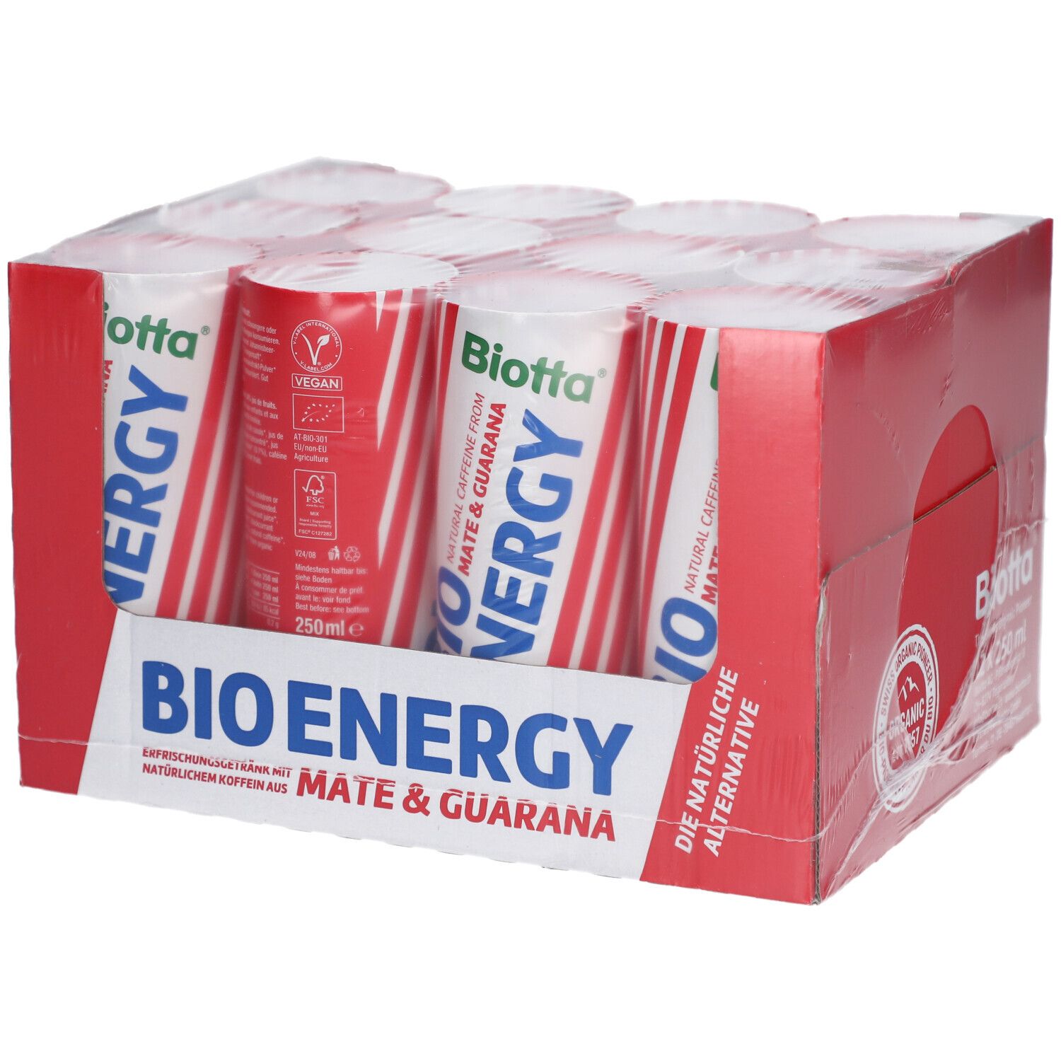 BIOTTA Bio Energy, 12 Dosen in roter Verpackung. Aufdruck: BIO ENERGY, Mate & Guarana. Vegan-Siegel und 250ml.