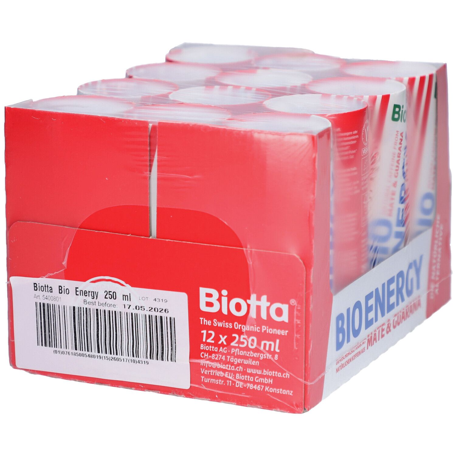 BIOTTA Bio Energy, 12 Dosen in roter Verpackung. Aufdruck: BIO ENERGY, Mate & Guarana. MHD 17.05.2026.