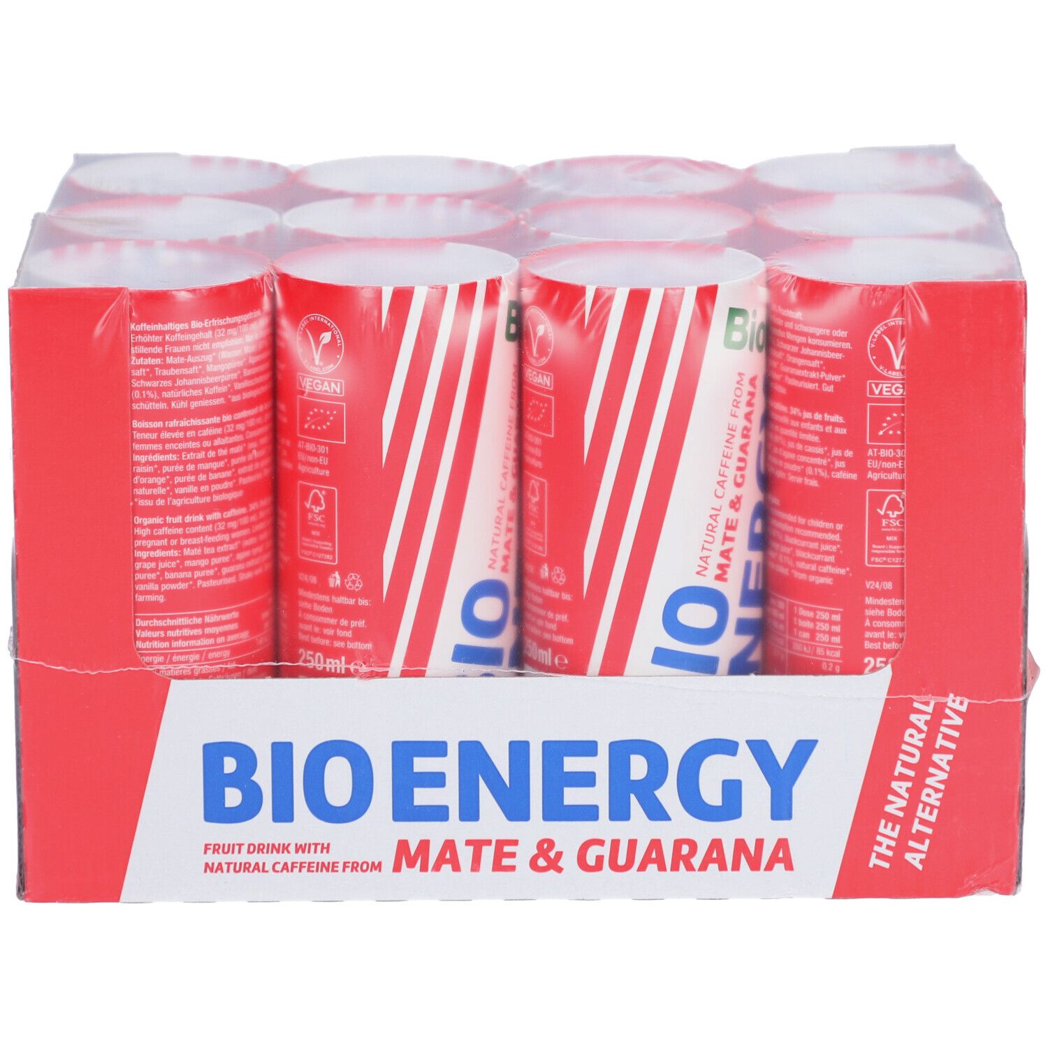 BIOTTA Bio Energy, 12 Dosen in roter Verpackung. Aufdruck: BIO ENERGY, Mate & Guarana. Vegan-Siegel und 250ml.