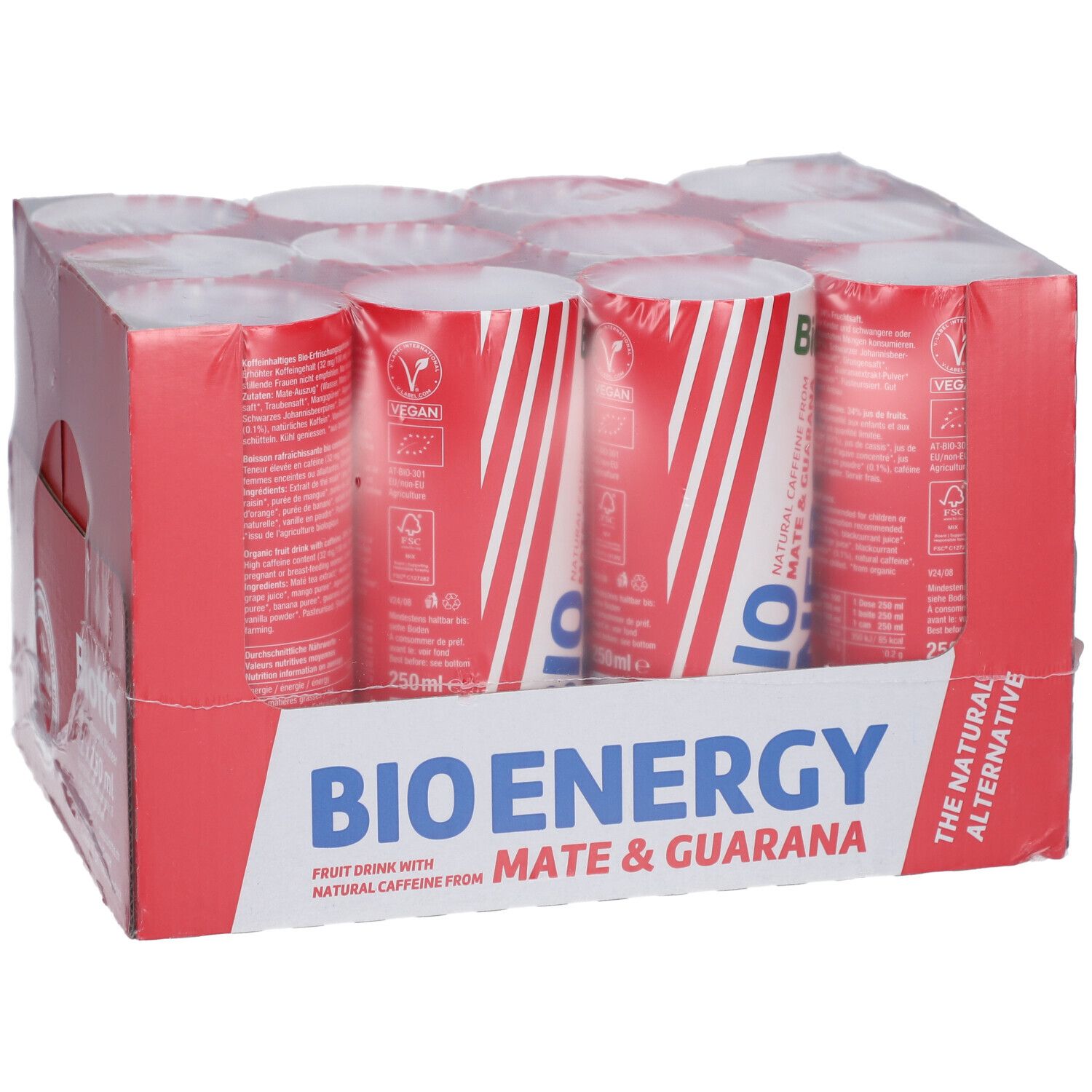 BIOTTA Bio Energy, 12 Dosen in roter Verpackung. Aufdruck: BIO ENERGY, Mate & Guarana. Vegan-Siegel und 250ml.
