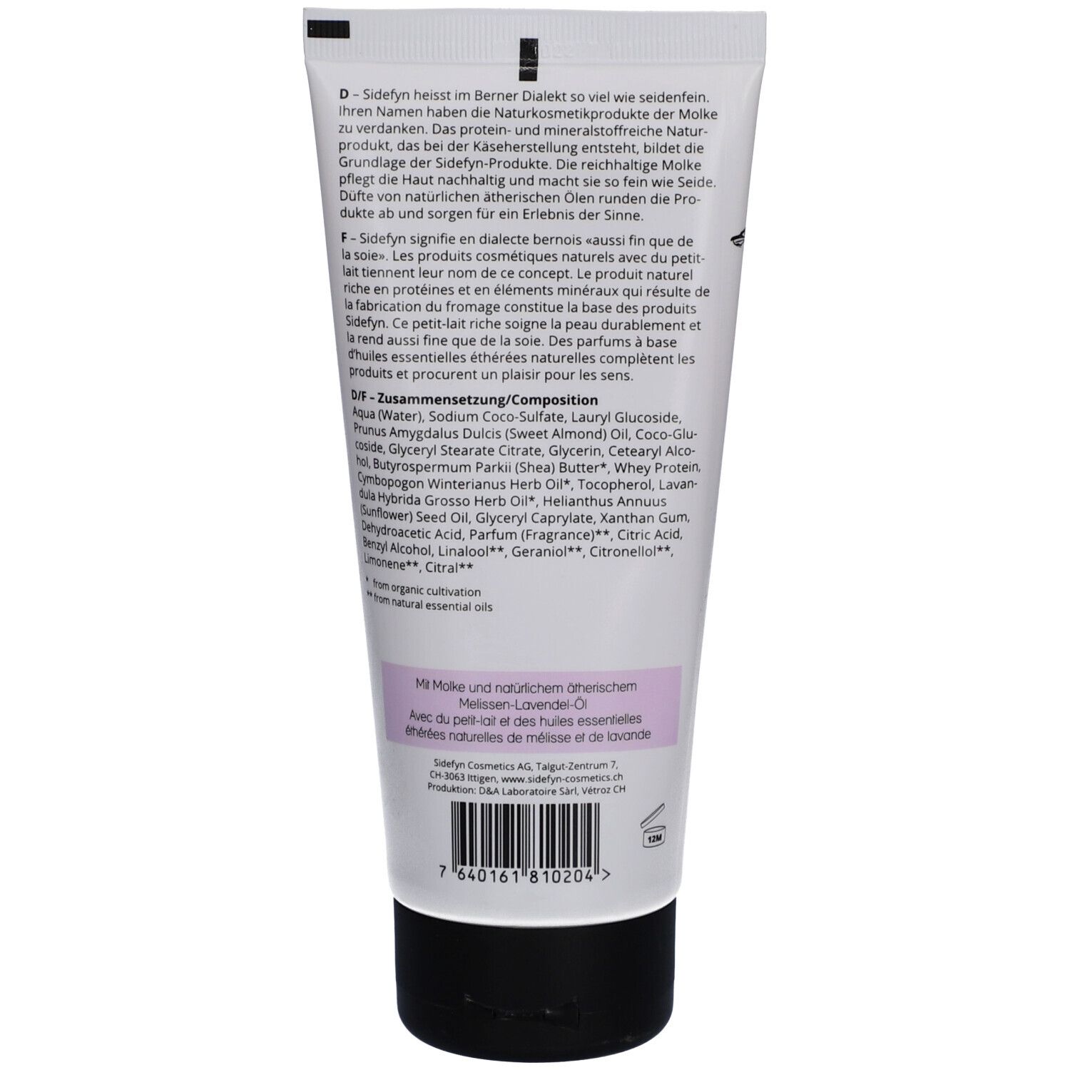 Dos du tube de crème de douche Sidefyn. Texte en allemand, français et anglais. Ingrédients et informations fabricant.