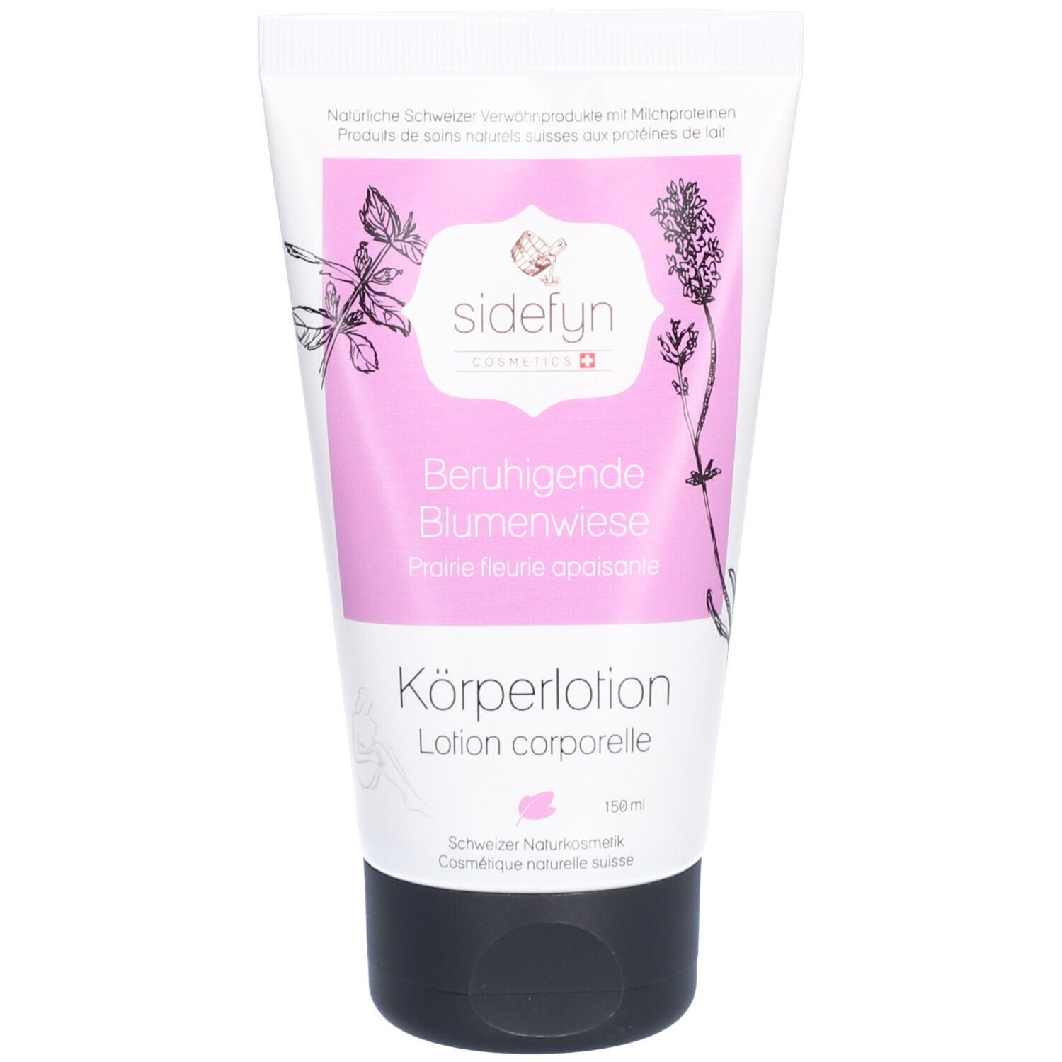 Tube blanc avec étiquette rose. Texte: SIDEFYN, Prairie fleurie apaisante, Lotion corporelle. Illustrations de fleurs et de feuilles.