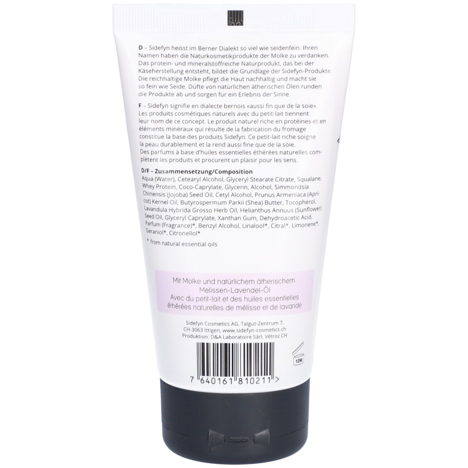 Dos du tube. Texte: SIDEFYN, ingrédients, description. Code-barres et logo.