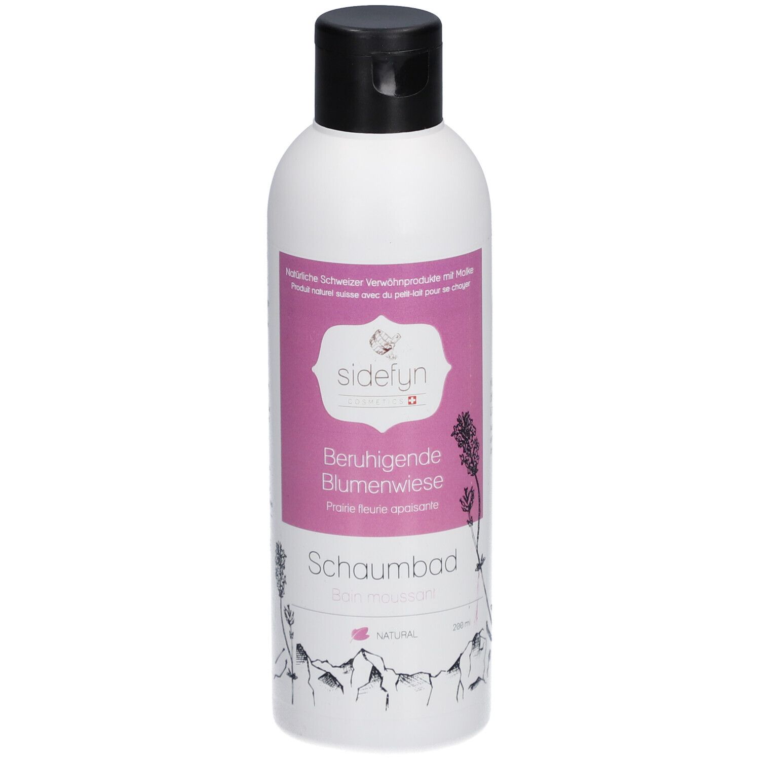 Flacon blanc avec bouchon noir. Étiquette rose avec nom du produit et logo. Illustrations de fleurs et de montagnes.