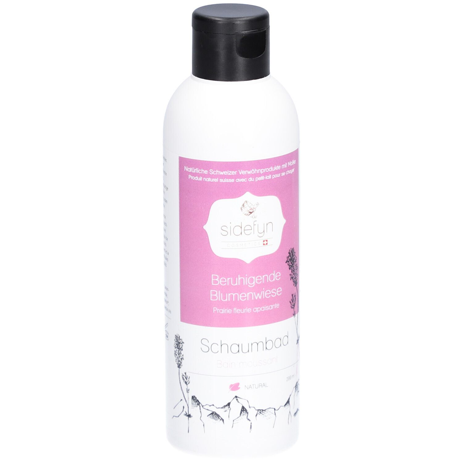 Flacon blanc avec bouchon noir. Étiquette rose avec nom du produit et logo. Illustrations de fleurs et de montagnes.