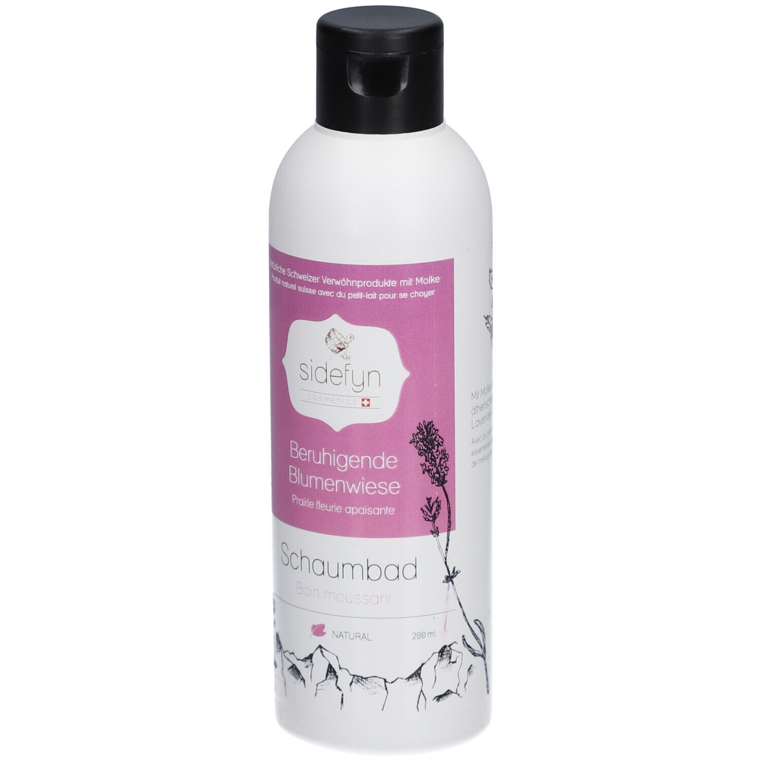 Flacon blanc avec bouchon noir. Étiquette rose avec nom du produit et logo. Illustrations de fleurs et de montagnes.