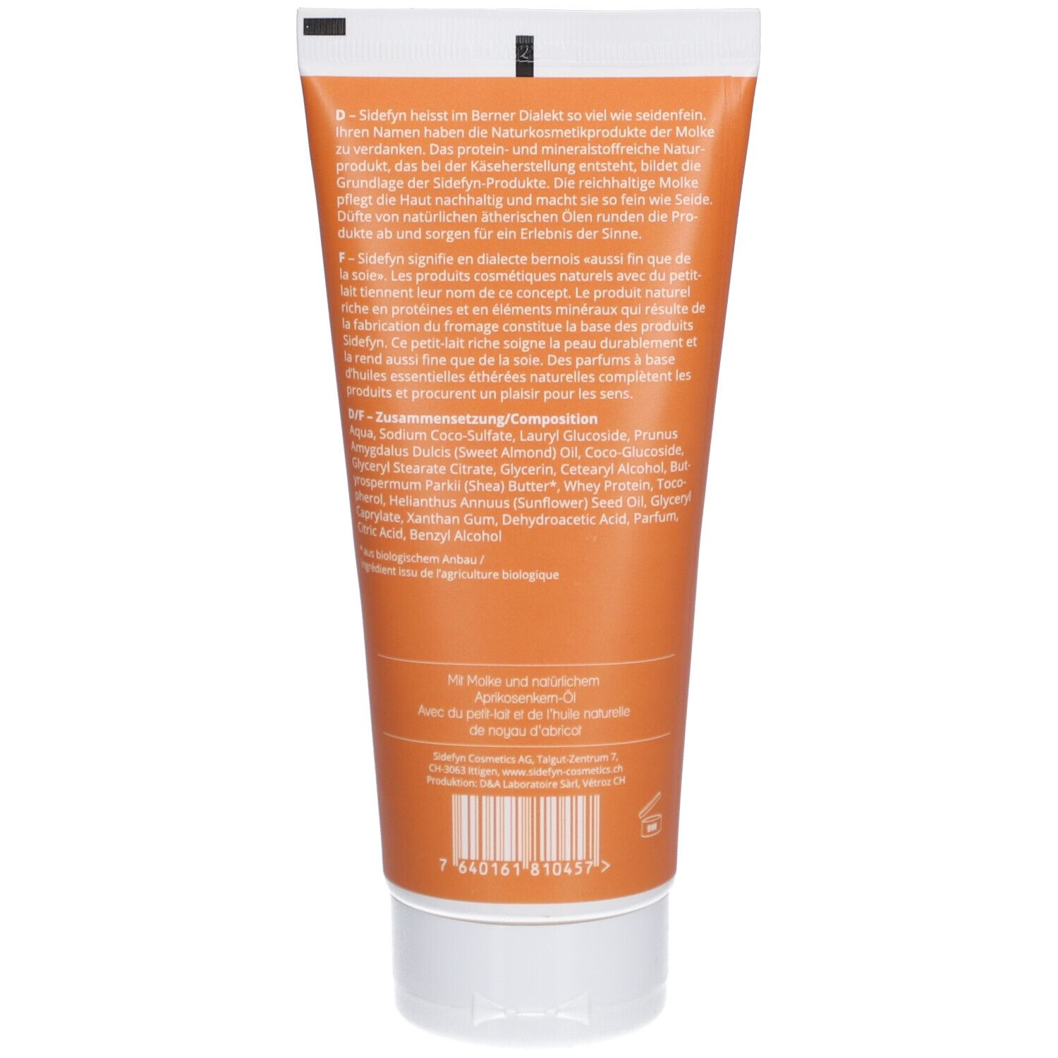 Dos du tube. Texte en allemand, français. Ingrédients. Code-barres. Inscription: Huile d'abricot.