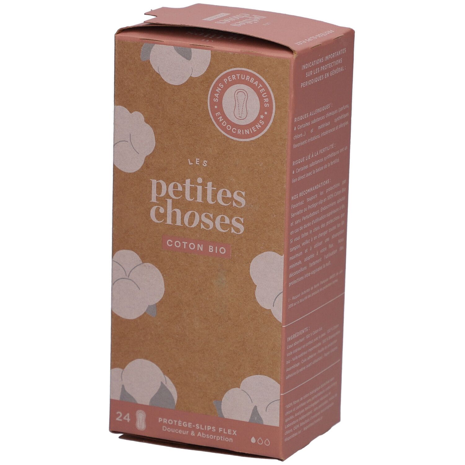 Karton mit Slipeinlagen aus Bio-Baumwolle. Aufdruck: LES PETITES CHOSES, COTON BIO, 24 Stück. Rosa und braune Verpackung.