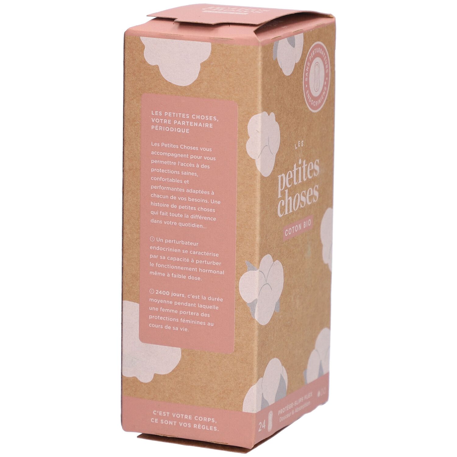 Karton mit Slipeinlagen. Text: LES PETITES CHOSES, COTON BIO. Rosa und braune Verpackung mit Text und Baumwoll-Illustrationen.