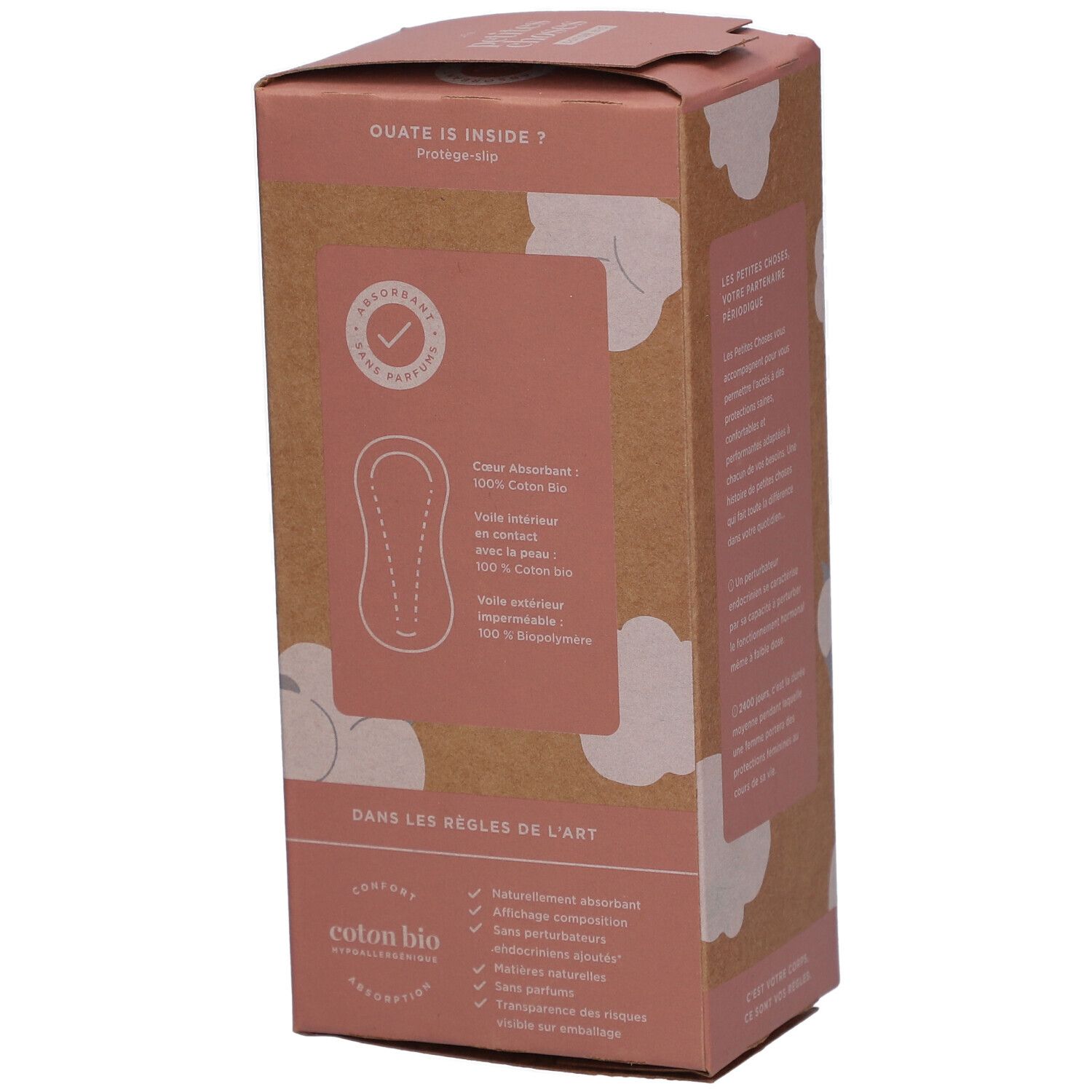 Karton mit Slipeinlagen. Darstellung der Slipeinlage. Text: COTON BIO, 100% Baumwolle. Rosa und braune Verpackung.