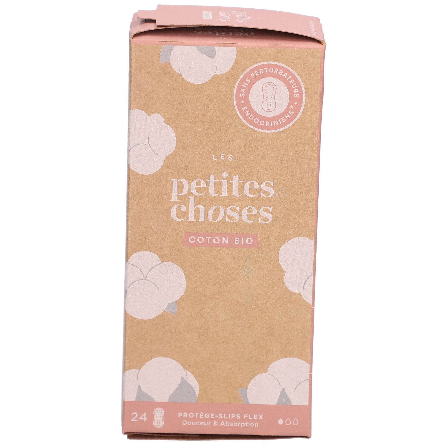 Karton mit Slipeinlagen aus Bio-Baumwolle. Aufdruck: LES PETITES CHOSES, COTON BIO, 24 Stück. Rosa und braune Verpackung.
