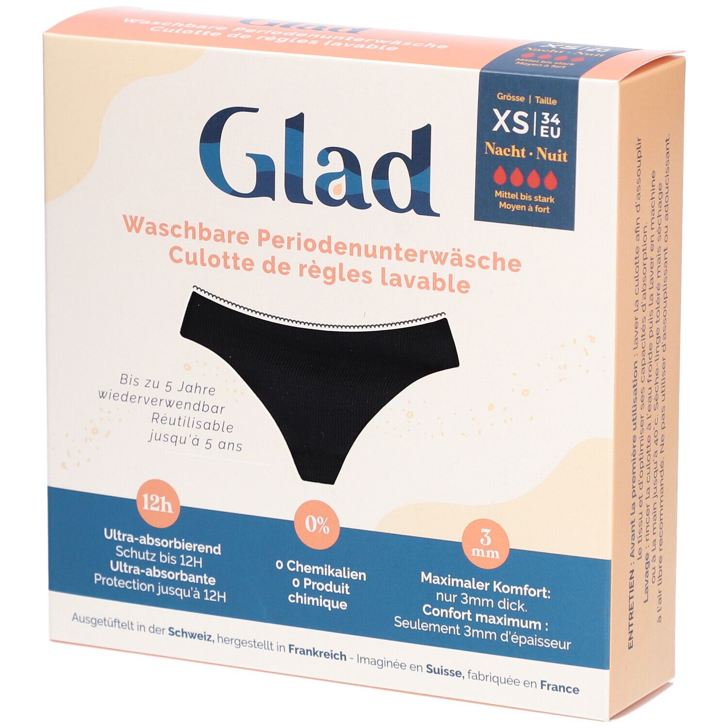 Verpackung mit schwarzer GLAD Nacht Periodenunterwäsche XS. Waschbar, bis zu 5 Jahre wiederverwendbar. Ultra-absorbierend, 0% Chemikalien, 3mm dick.