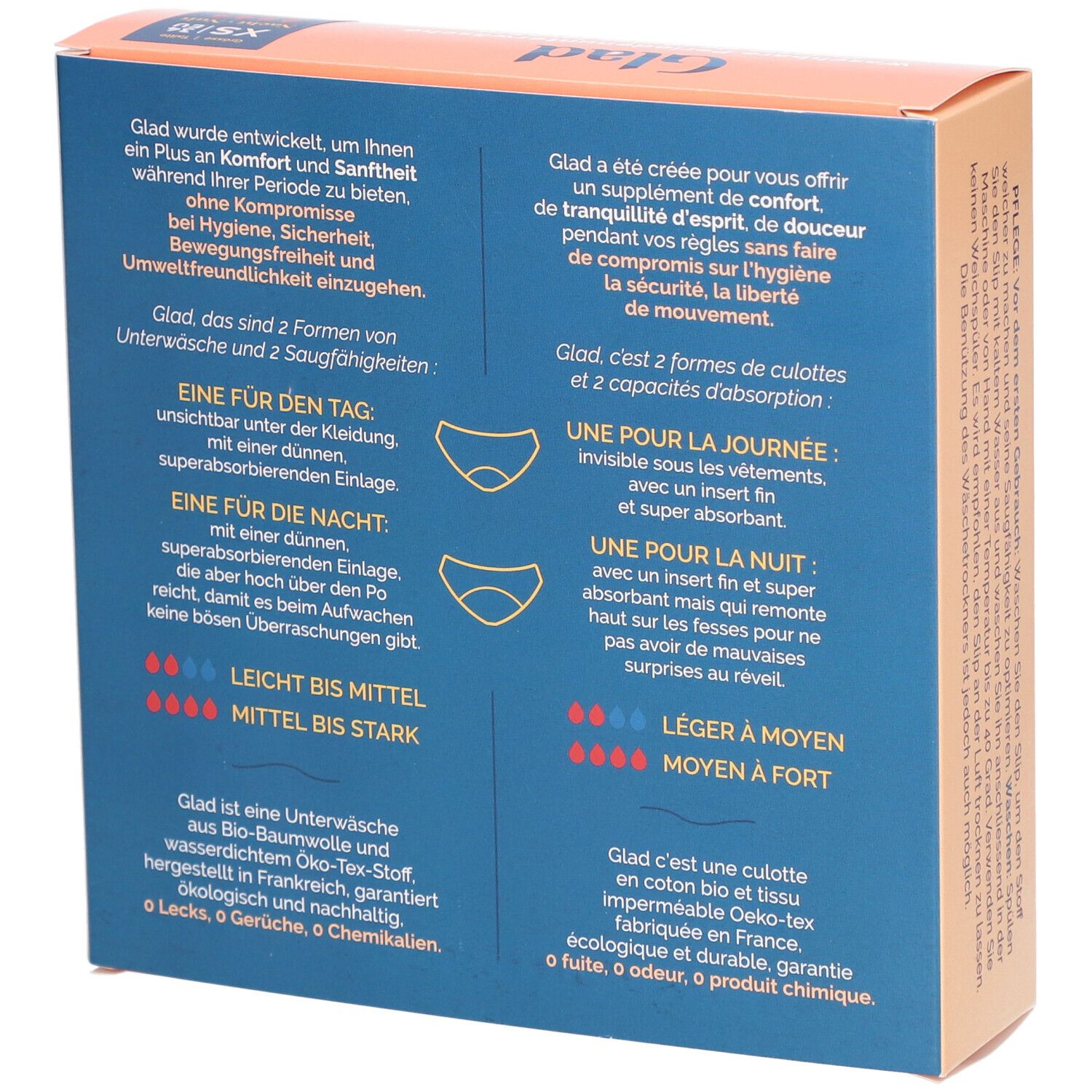 Rückseite der Verpackung der GLAD Nacht Periodenunterwäsche XS. Informationen zu den Eigenschaften und der Verwendung. Öko-Tex-Stoff.