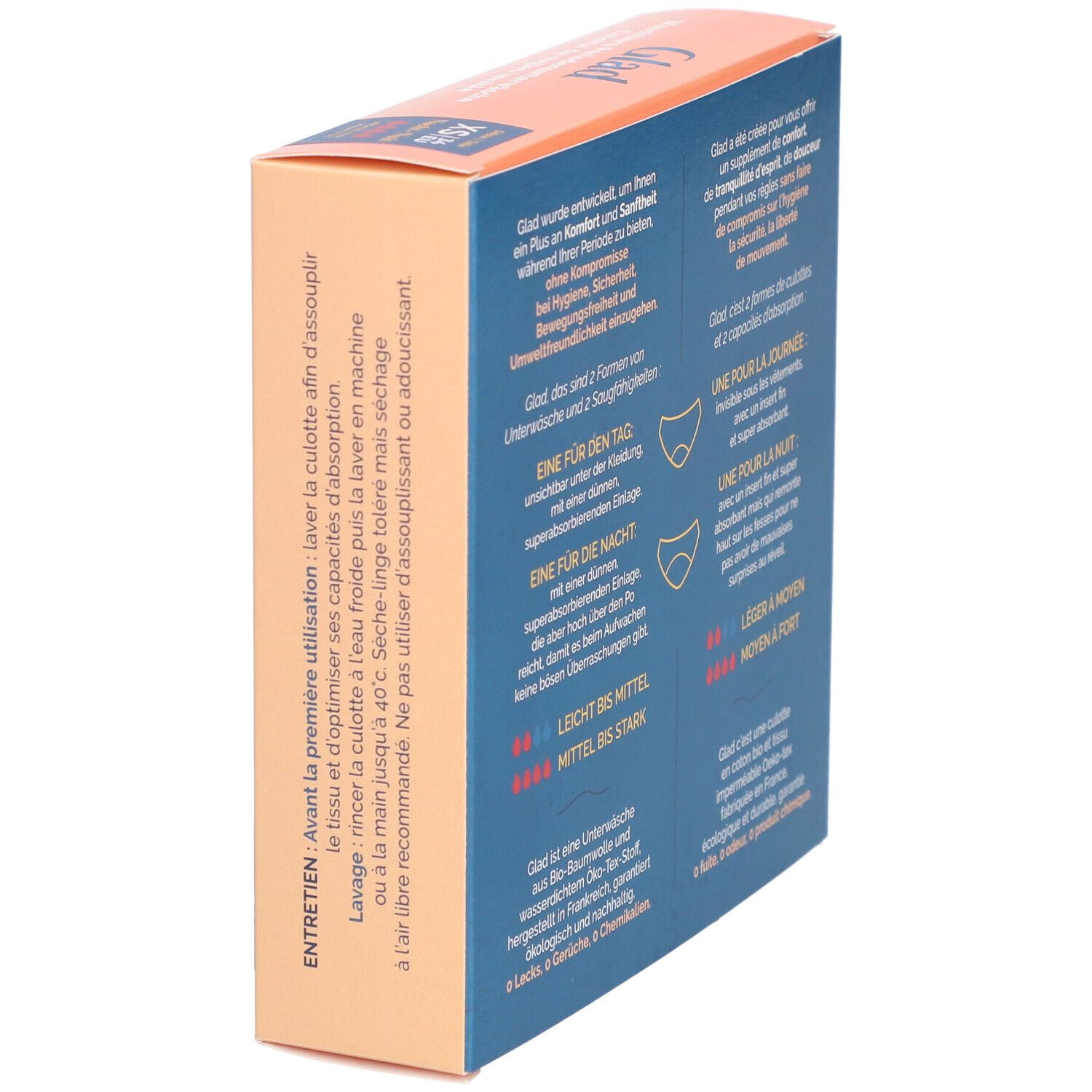 Seitenansicht der Verpackung der GLAD Nacht Periodenunterwäsche XS. Informationen zu den Eigenschaften und der Verwendung. Öko-Tex-Stoff.