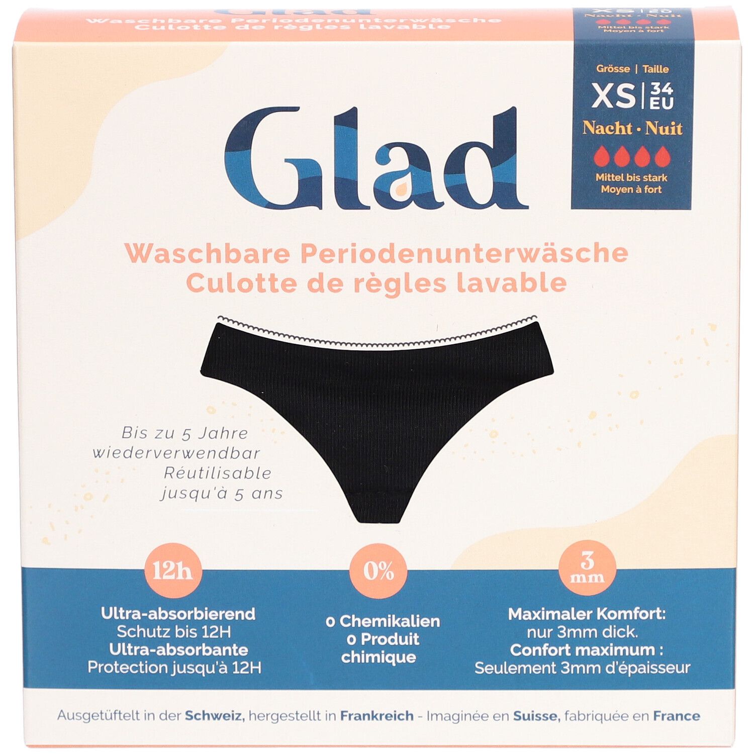 Verpackung mit schwarzer GLAD Nacht Periodenunterwäsche XS. Waschbar, bis zu 5 Jahre wiederverwendbar. Ultra-absorbierend, 0% Chemikalien, 3mm dick.