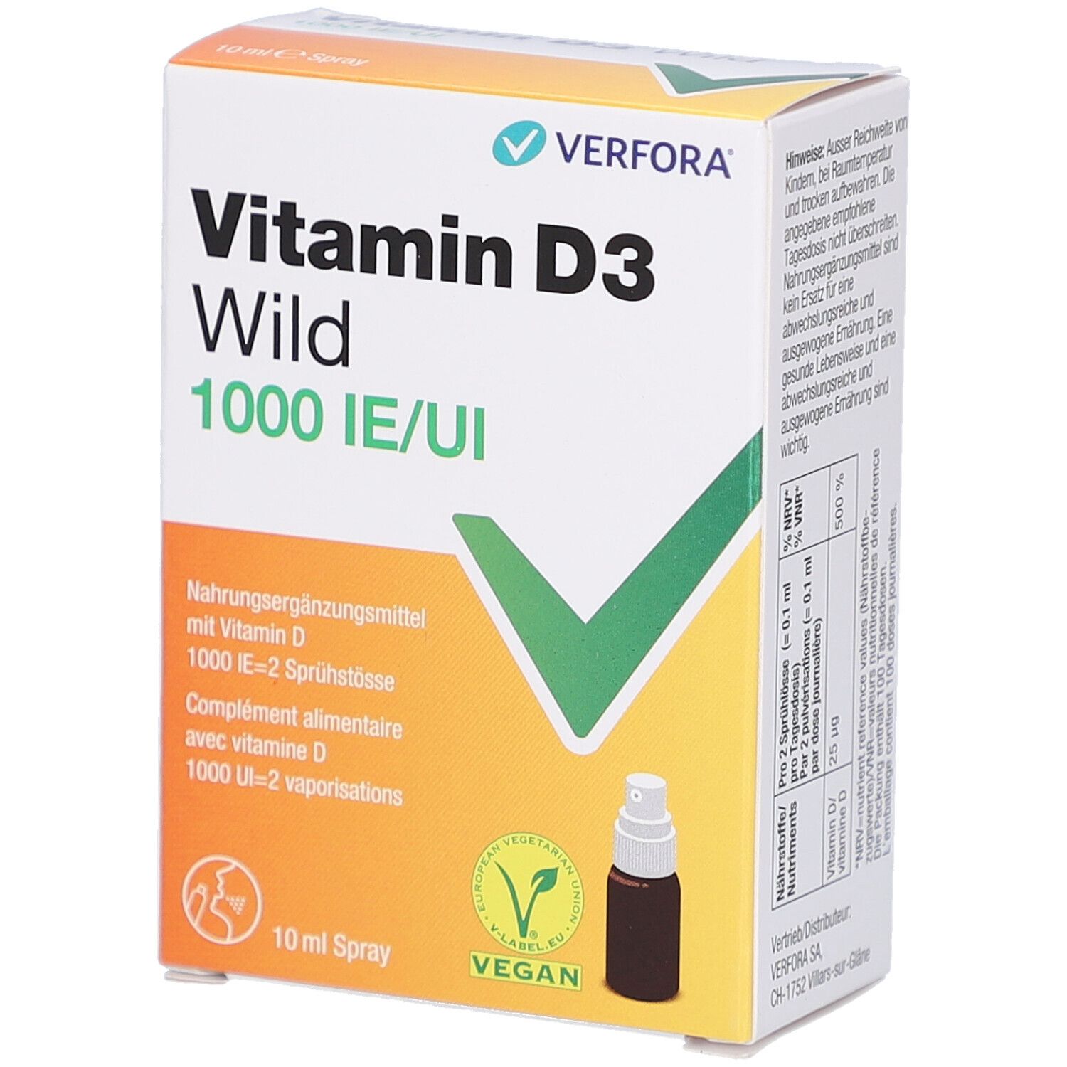 Karton mit Vitamin D3 Wild Spray. Aufschrift: Vitamin D3 Wild 1000 IE/UI. Enthält eine Flasche und das Vegan-Siegel.