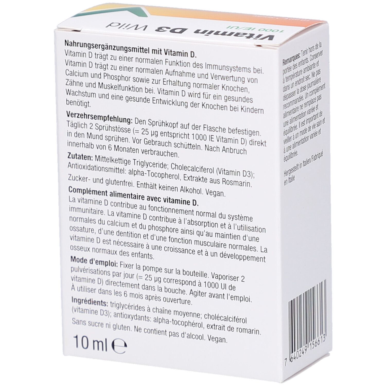 Rückseite des Kartons Vitamin D3 Wild Spray. Text in Deutsch und Französisch. Enthält Inhaltsstoffe und Anwendungshinweise.