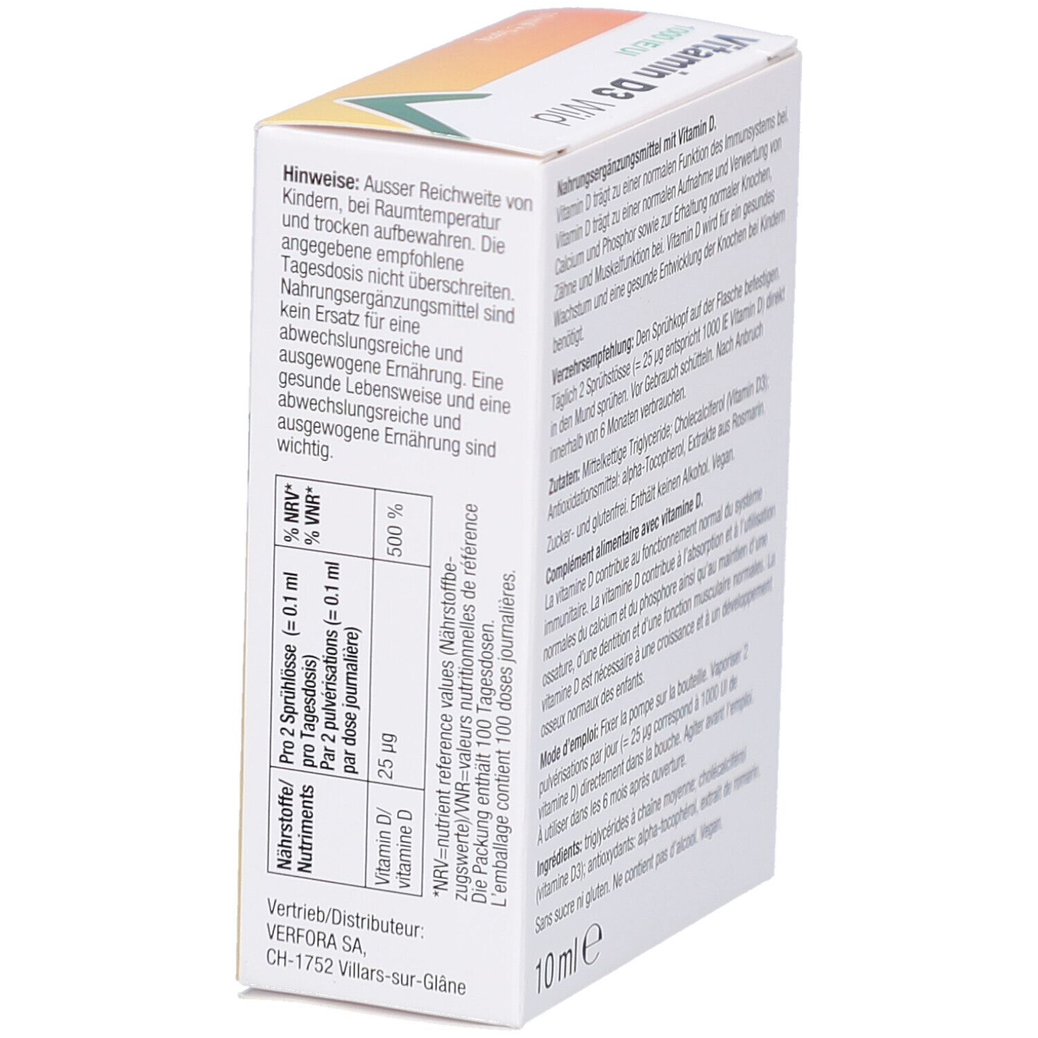 Seite des Kartons Vitamin D3 Wild Spray. Text in Deutsch und Französisch. Enthält Nährwertangaben und Hinweise.