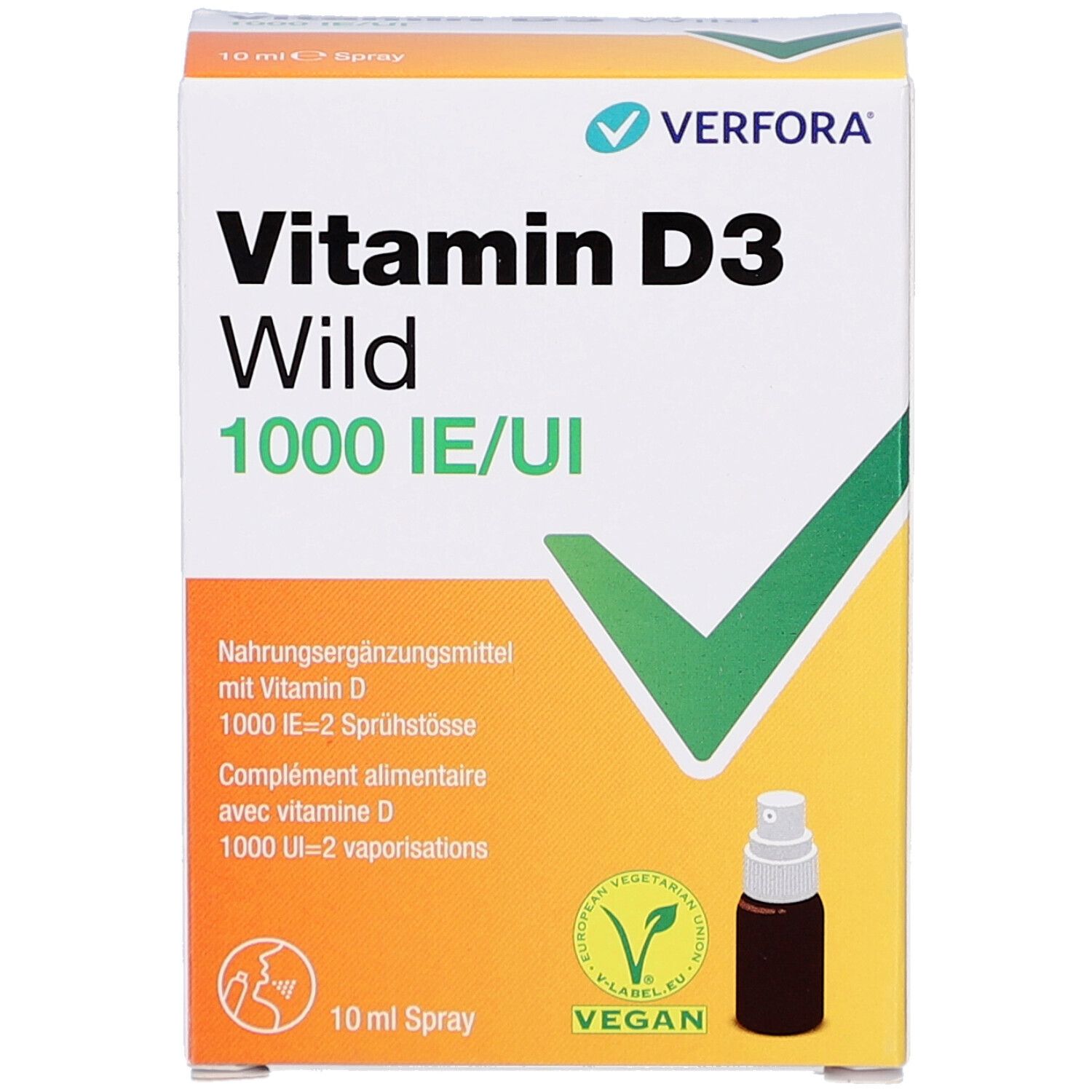 Karton Vitamin D3 Wild Spray. Aufschrift: Vitamin D3 Wild 1000 IE/UI. Mit Flasche und Vegan-Siegel.