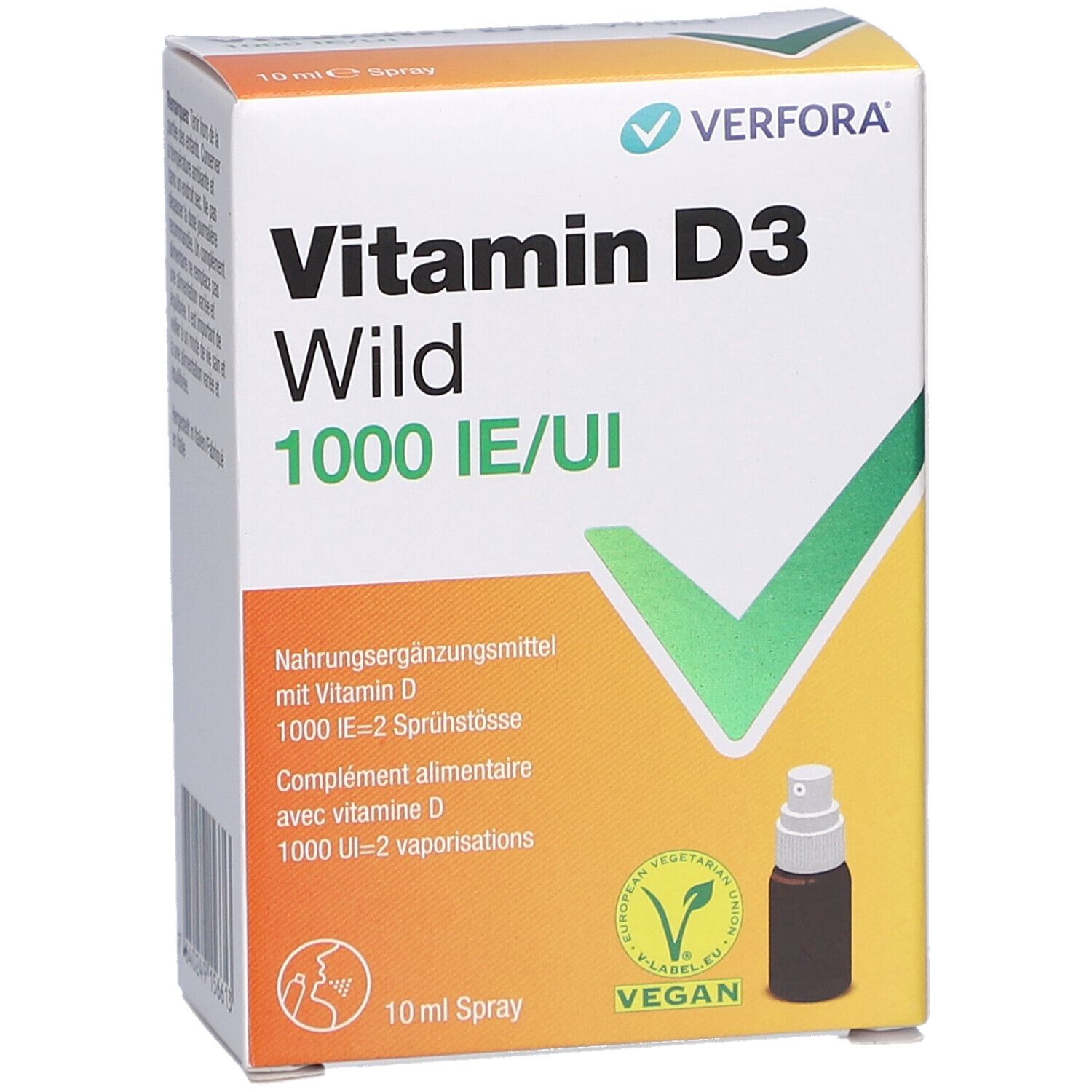 Karton Vitamin D3 Wild Spray. Aufschrift: Vitamin D3 Wild 1000 IE/UI. Mit Flasche und Vegan-Siegel.
