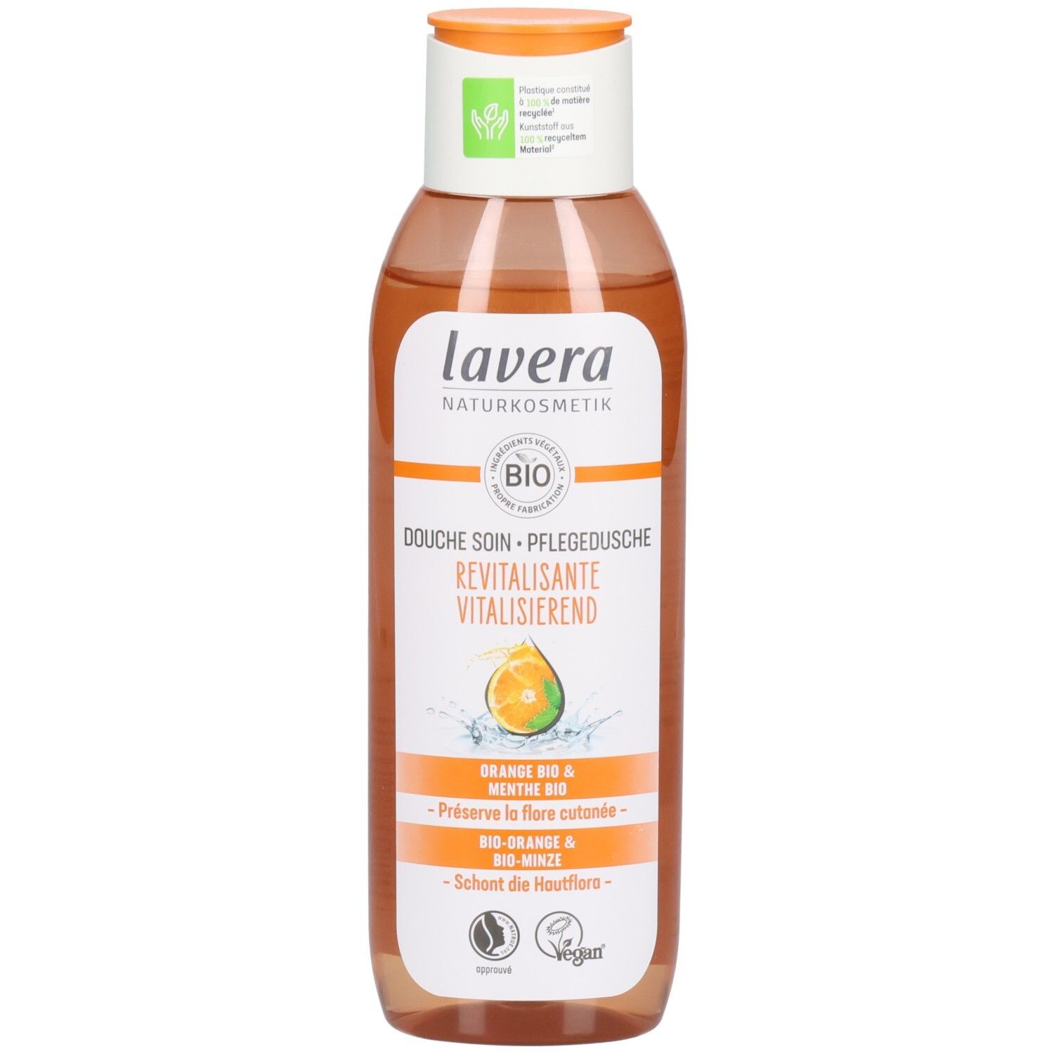 Flasche mit orangefarbenem Inhalt. Aufschrift: lavera NATURKOSMETIK, BIO, Pflegedusche, Orange & Minze. Vegan-Siegel.