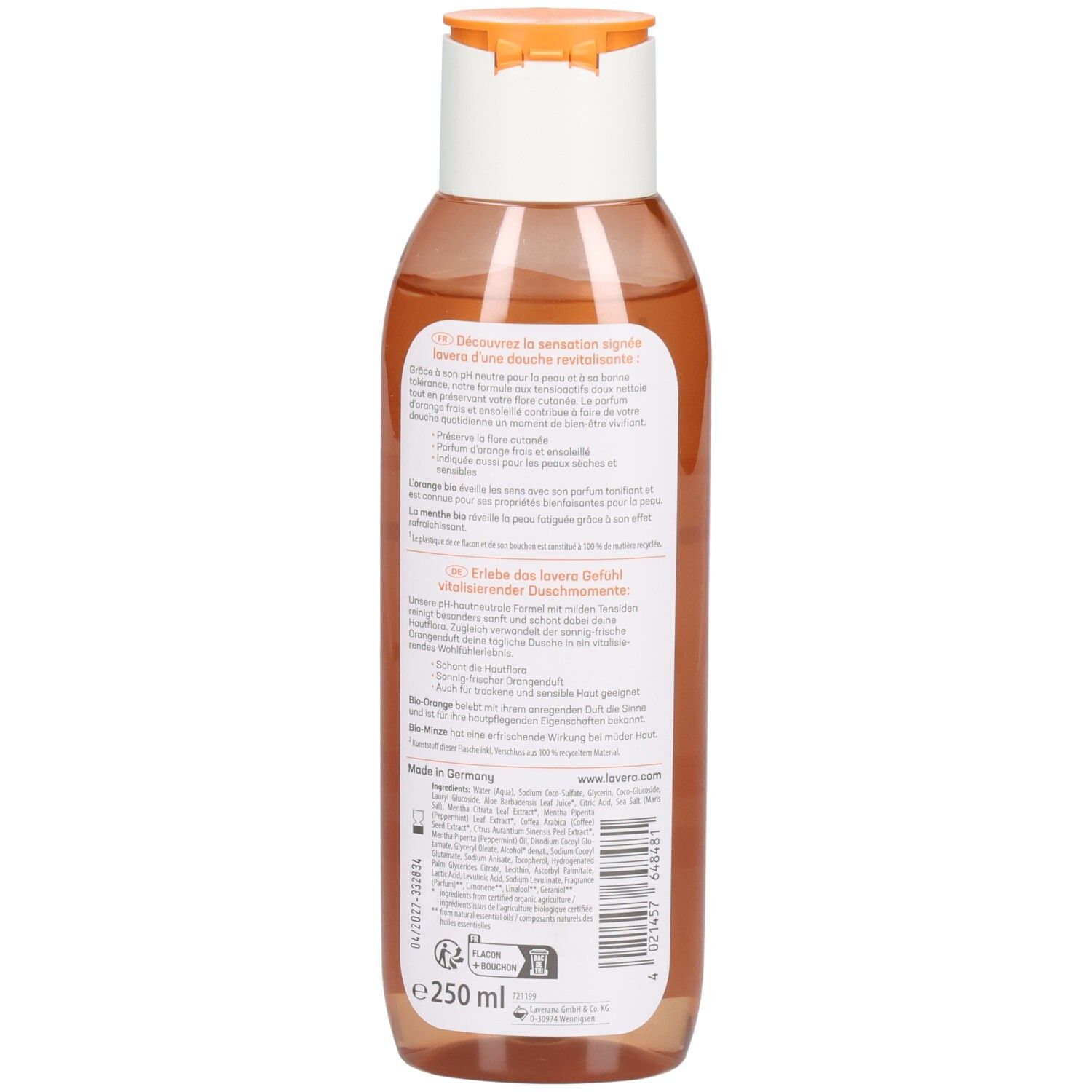 Rückseite der Flasche mit Text. Aufschrift: lavera, Inhaltsstoffe, Gebrauchsanweisung. Vegan-Siegel. Volumen: 250 ml.