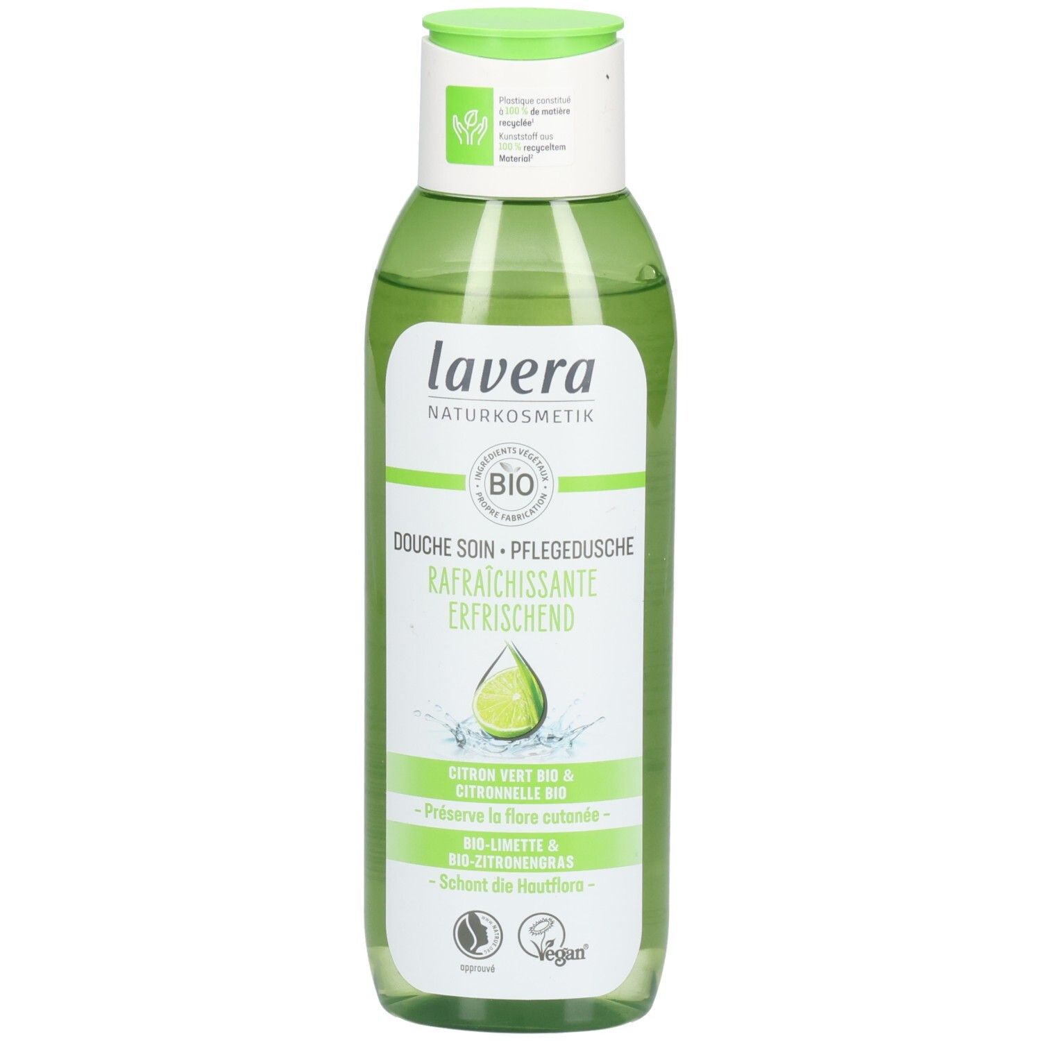 Grüne Flasche mit weißem Etikett. Aufschrift: lavera NATURKOSMETIK, BIO. Produktbezeichnung und Limetten-Abbildung.