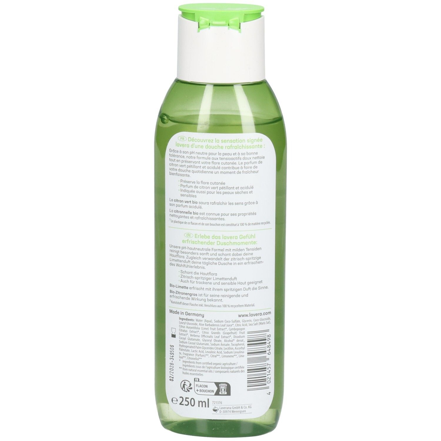 Rückseite der grünen Flasche. Text in mehreren Sprachen. Aufschrift: lavera. Mit Angaben zur Herstellung und Inhaltsstoffen.