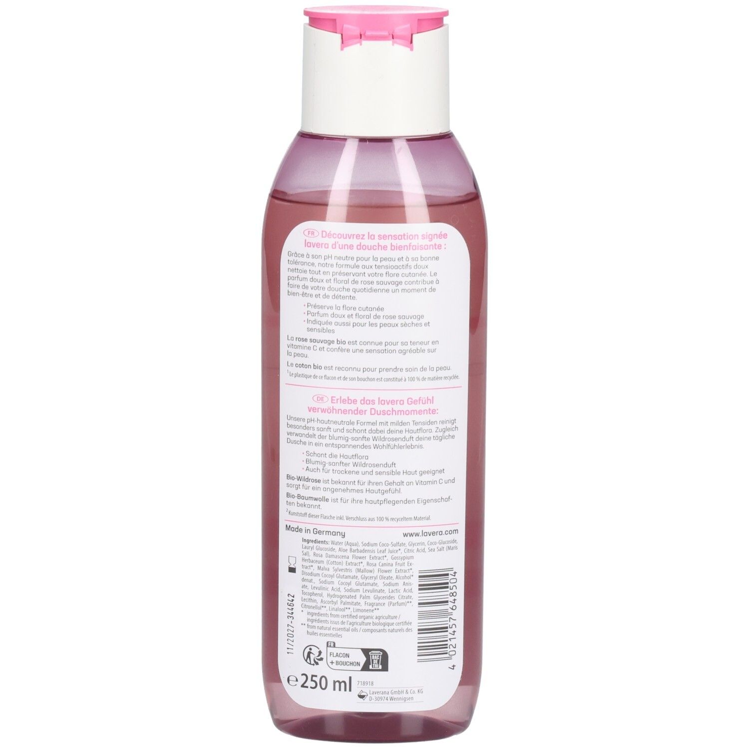 Rückseite der Flasche. Etikett mit Text in mehreren Sprachen, Barcode und Zertifizierungen. Volumenangabe: 250 ml.