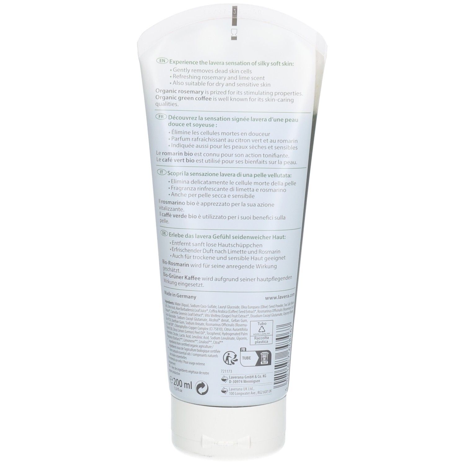 Rückseite der Tube. Text in mehreren Sprachen. Enthält Informationen zum Produkt und Inhaltsstoffen. Vegan-Siegel.