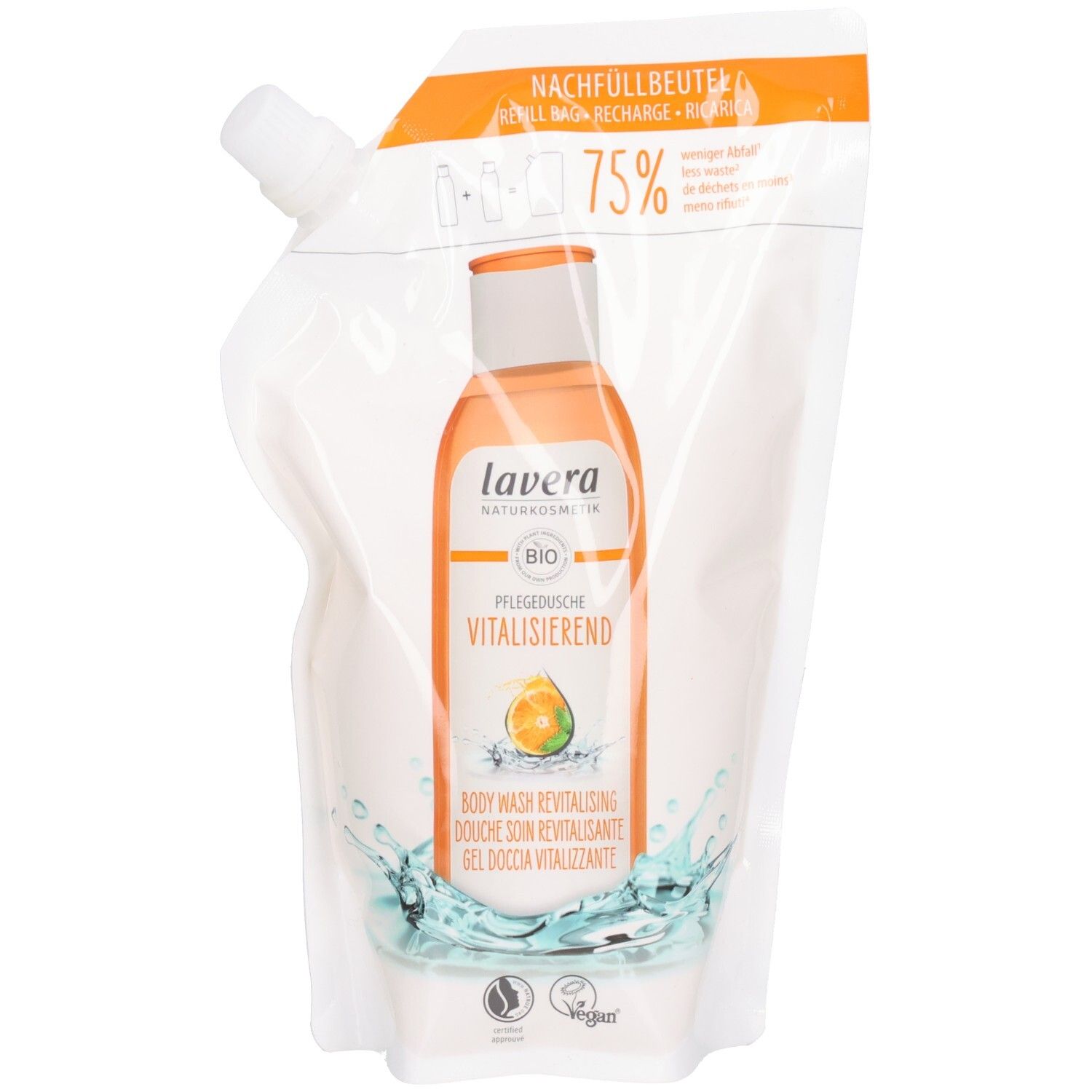 Nachfüllbeutel mit Produkt. Orangefarbenes Etikett mit Produktname und Logo. 75% Nachfüllmenge.